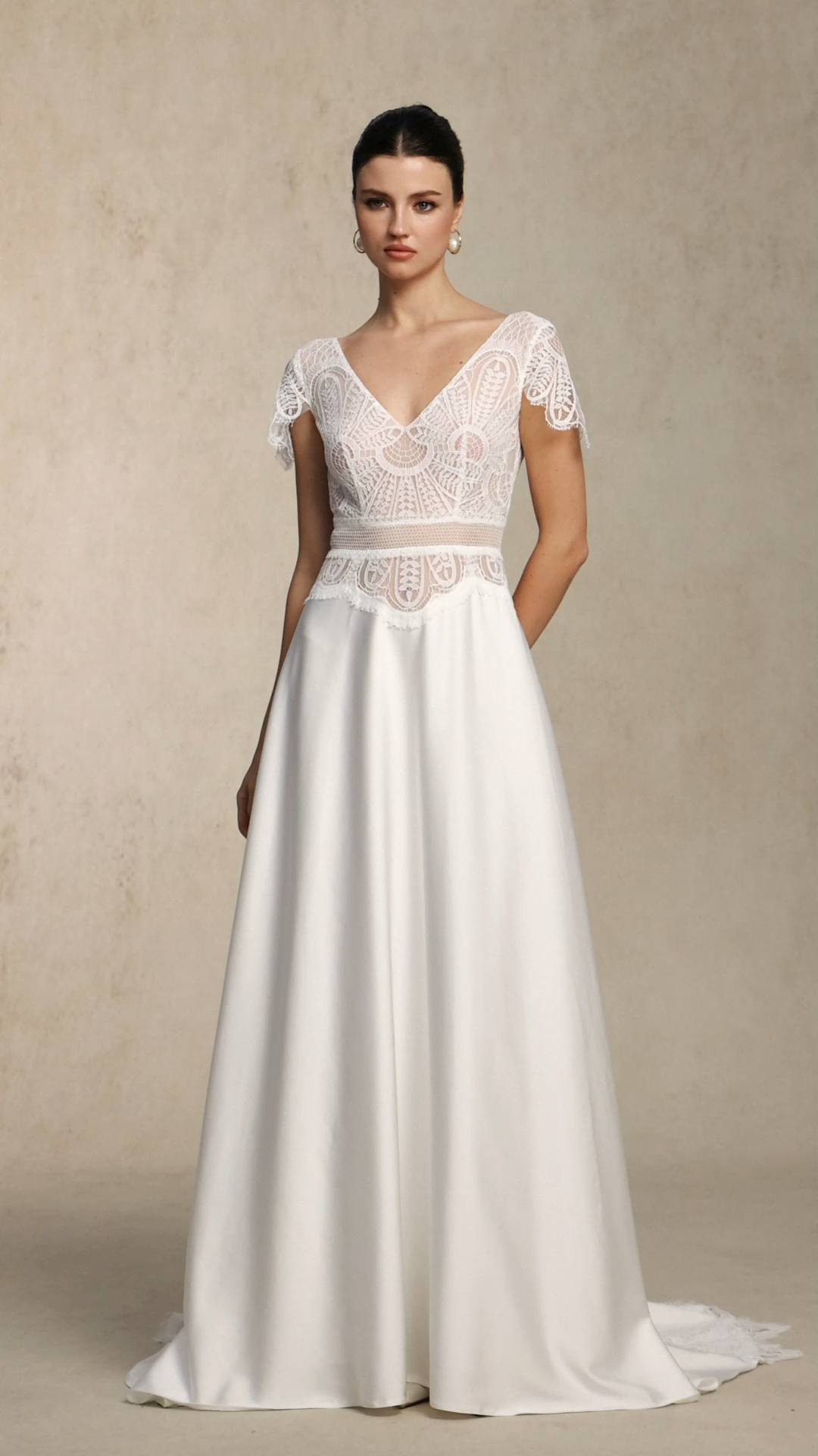 Naira Boho V Neck Cinched Waist White Lace Satin Maxi Wedding Gown