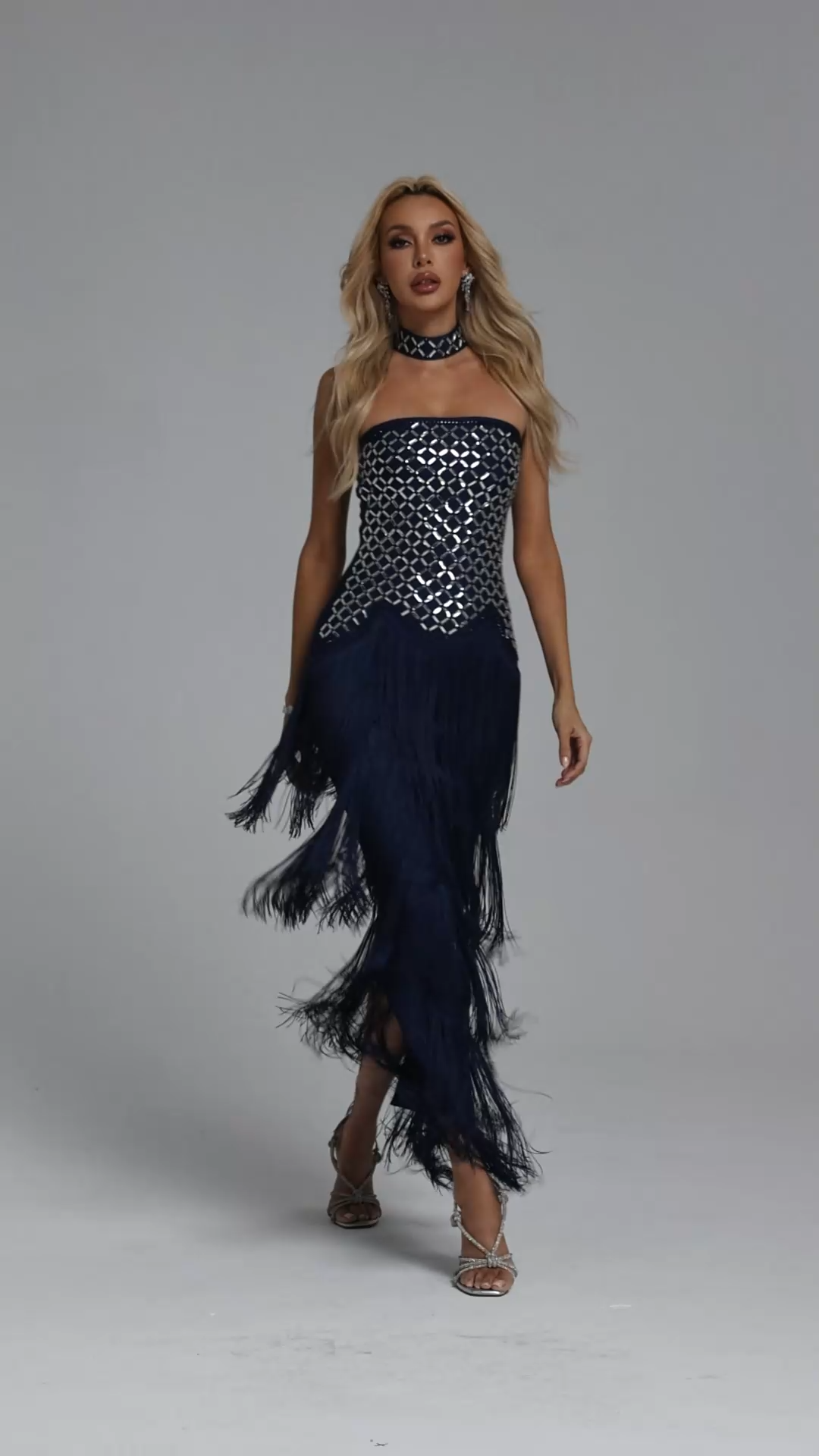 Haliy Glamorous Contour Rhinestone Fringe Bandage Blue Maxi Dress