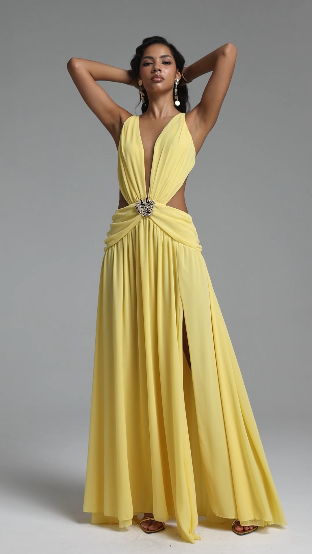 Ivanna Resort Flowy V Neck Sleeveless Slit Woven Maxi Dress