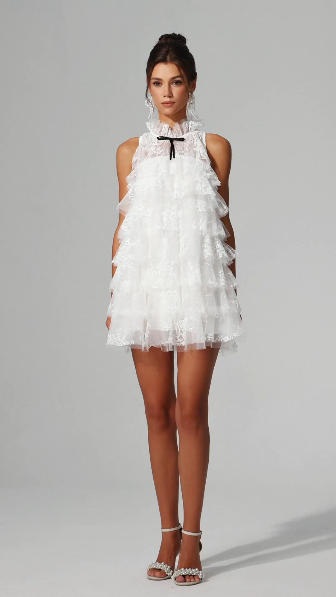 Dixi Sleeveless Folds Flowers Lace Mini Dress