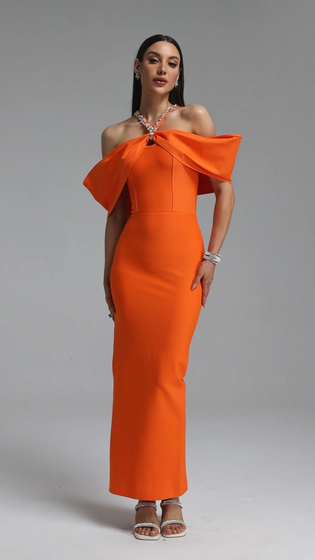 Sloan Halter Diamond Off Shoulder Orange Bandage Maxi Dress
