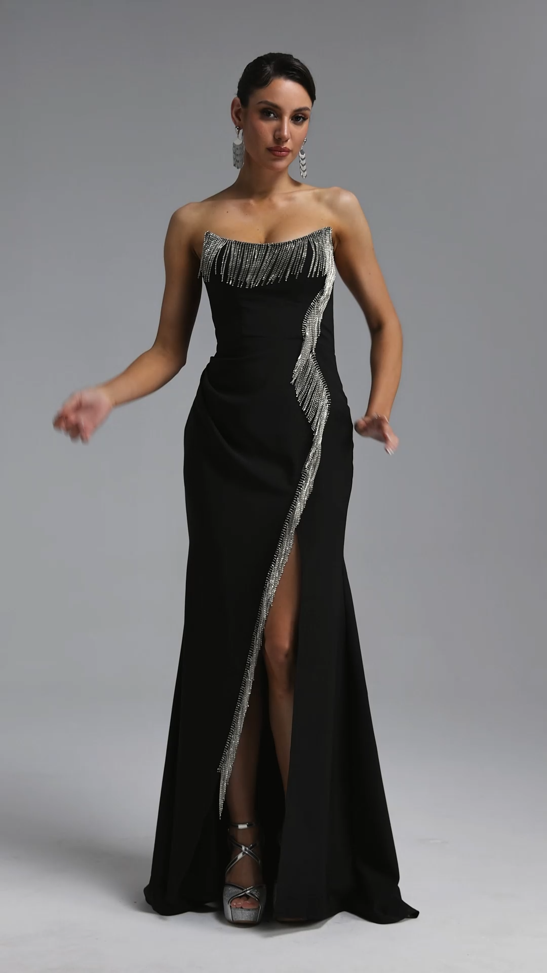 Nina Sexy Strapless Rhinestone Fringe High Slit Black Mermaid Maxi Dress