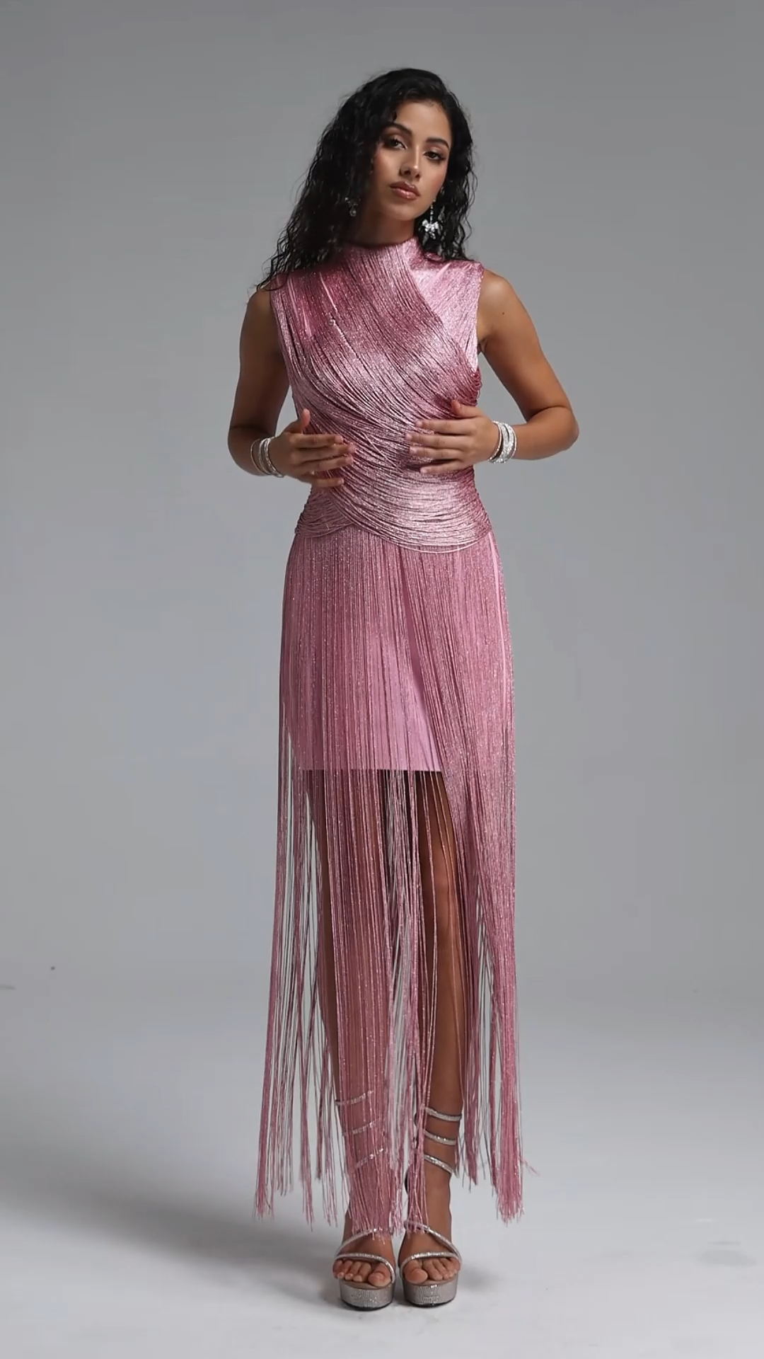 Vincy Elegant Sleeveless Fringe Bandage Pink Maxi Dress