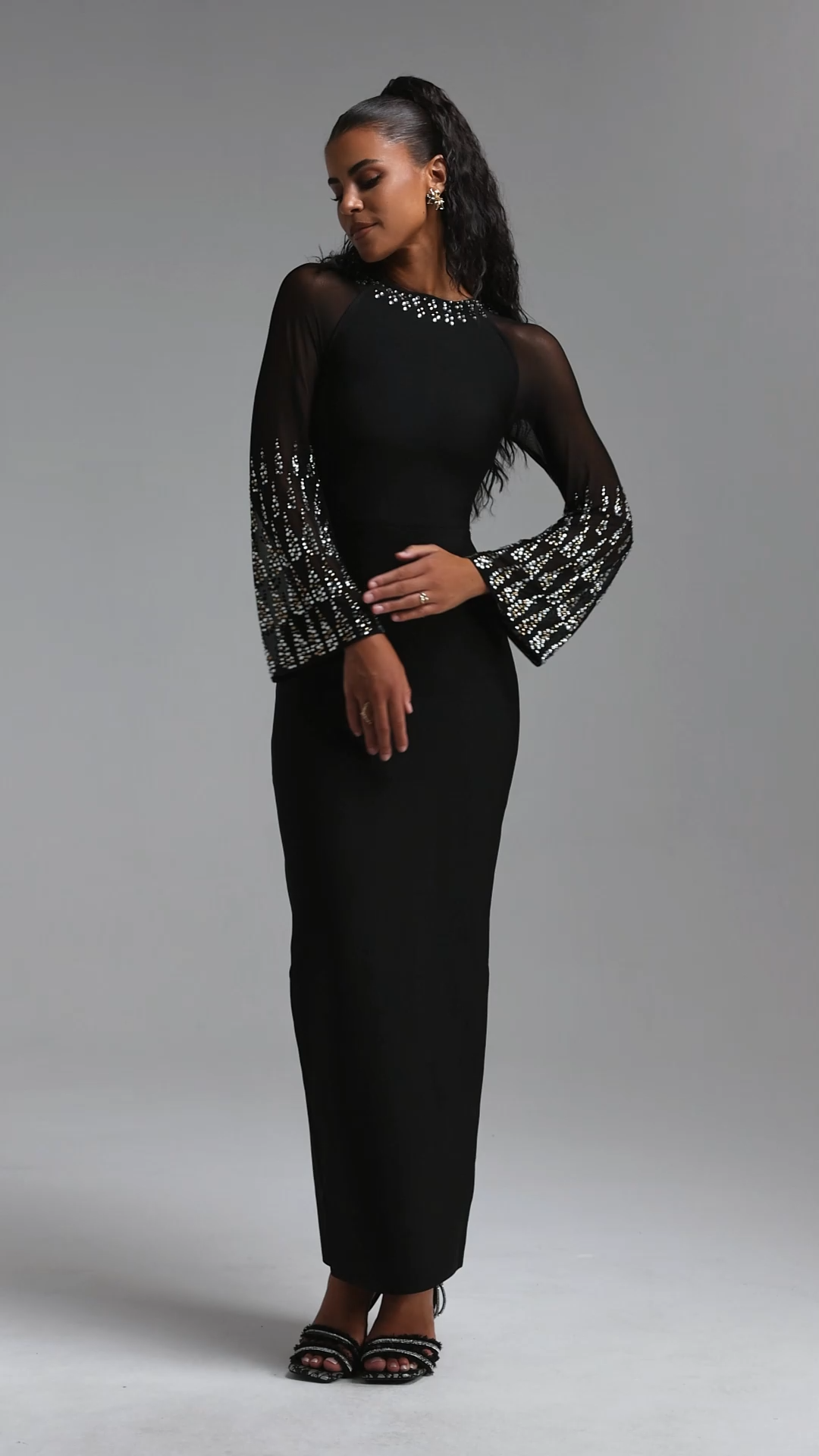 Saloiy Glam Rhinestone Mesh Sleeve Bandage Maxi Dress