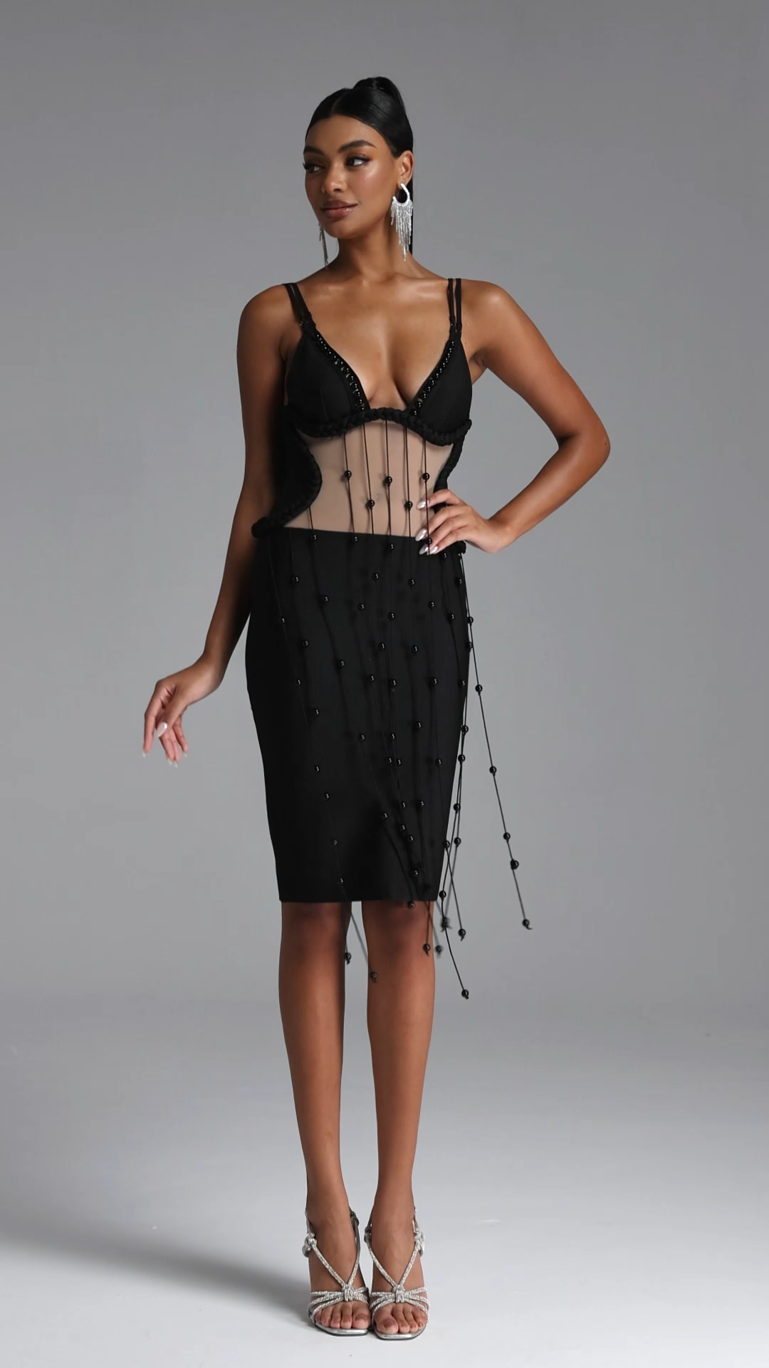 Tove Sexy Contour Cut Out Bead Chian Braided Bandage Midi Dress