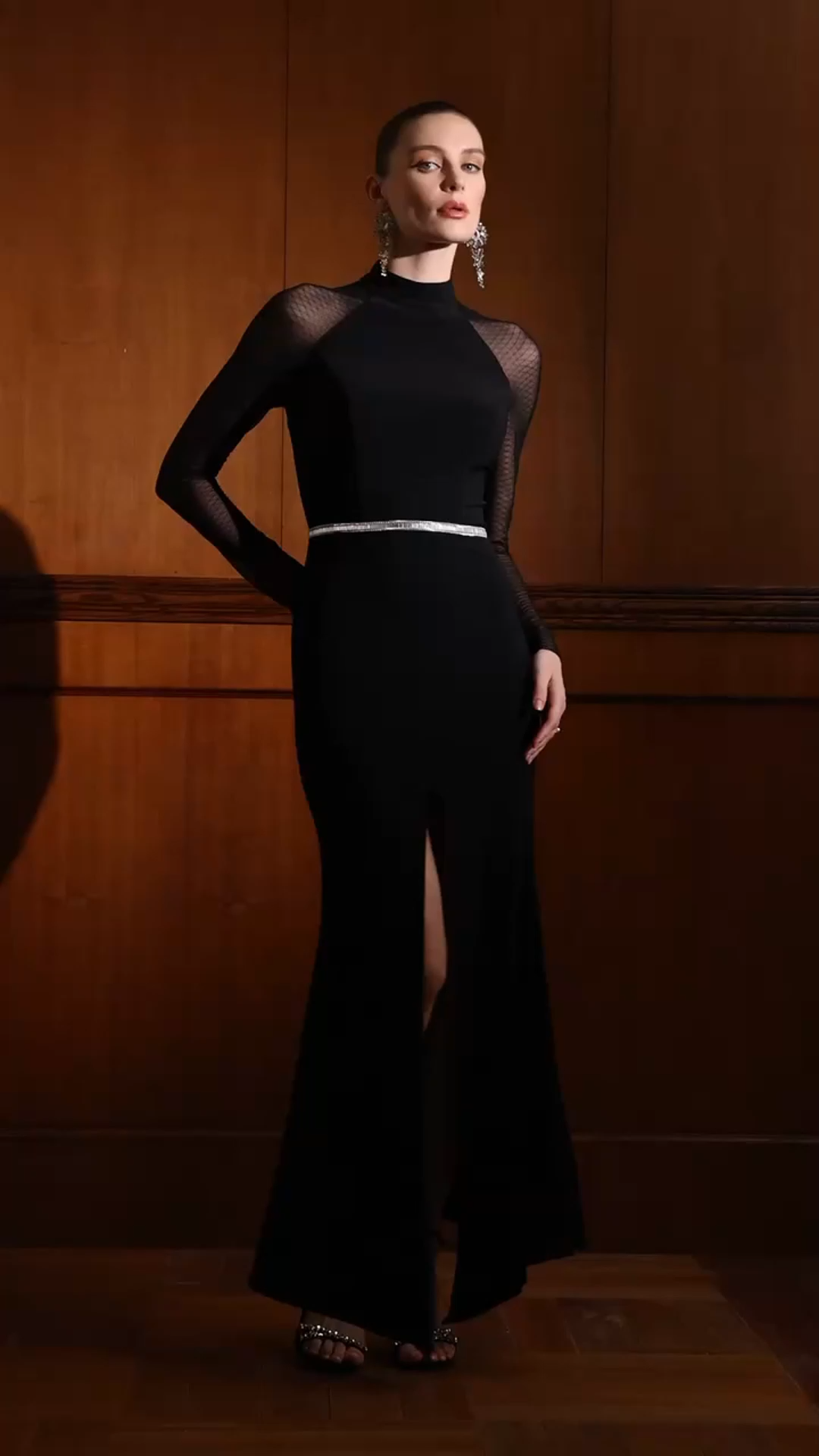 Gini High Neck Long Sleeves Diamond High Slit Maxi Dress