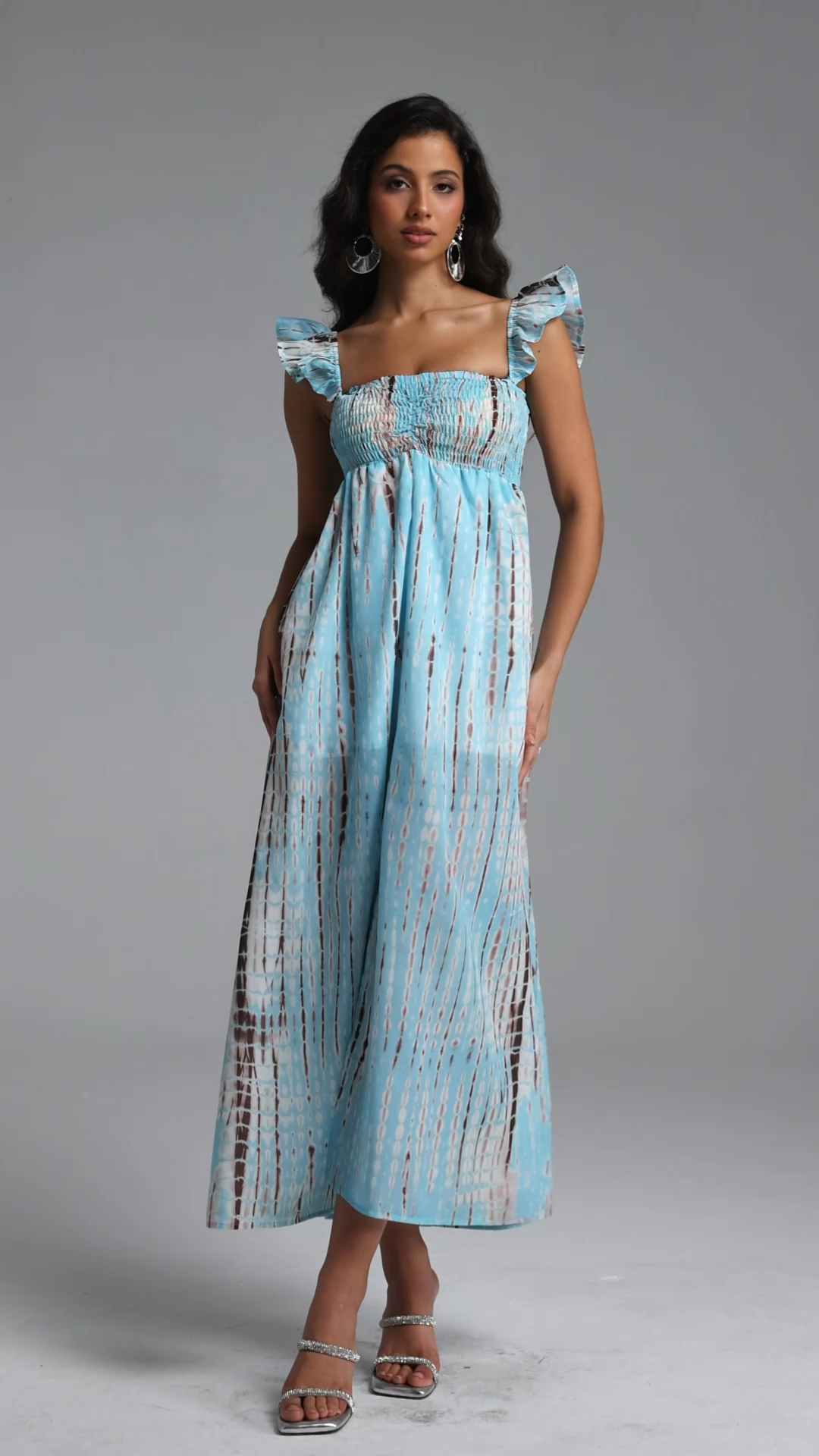 Hailey Resort Flowy Sleeveless Ruffle High Slit Print Woven Maxi Dress