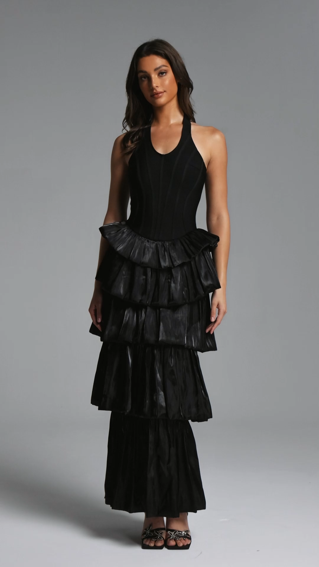 Mlisa Chic Contour Halter Ruffle Bandage Maxi Dress