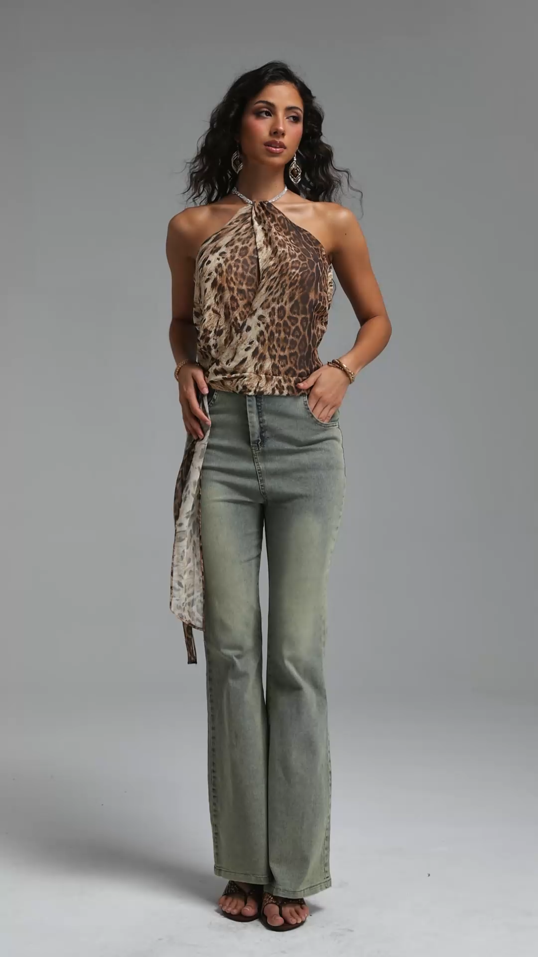 Jaelyn Sexy Flowy Sleeveless Rhinestone Leopard Print Chiffon Top