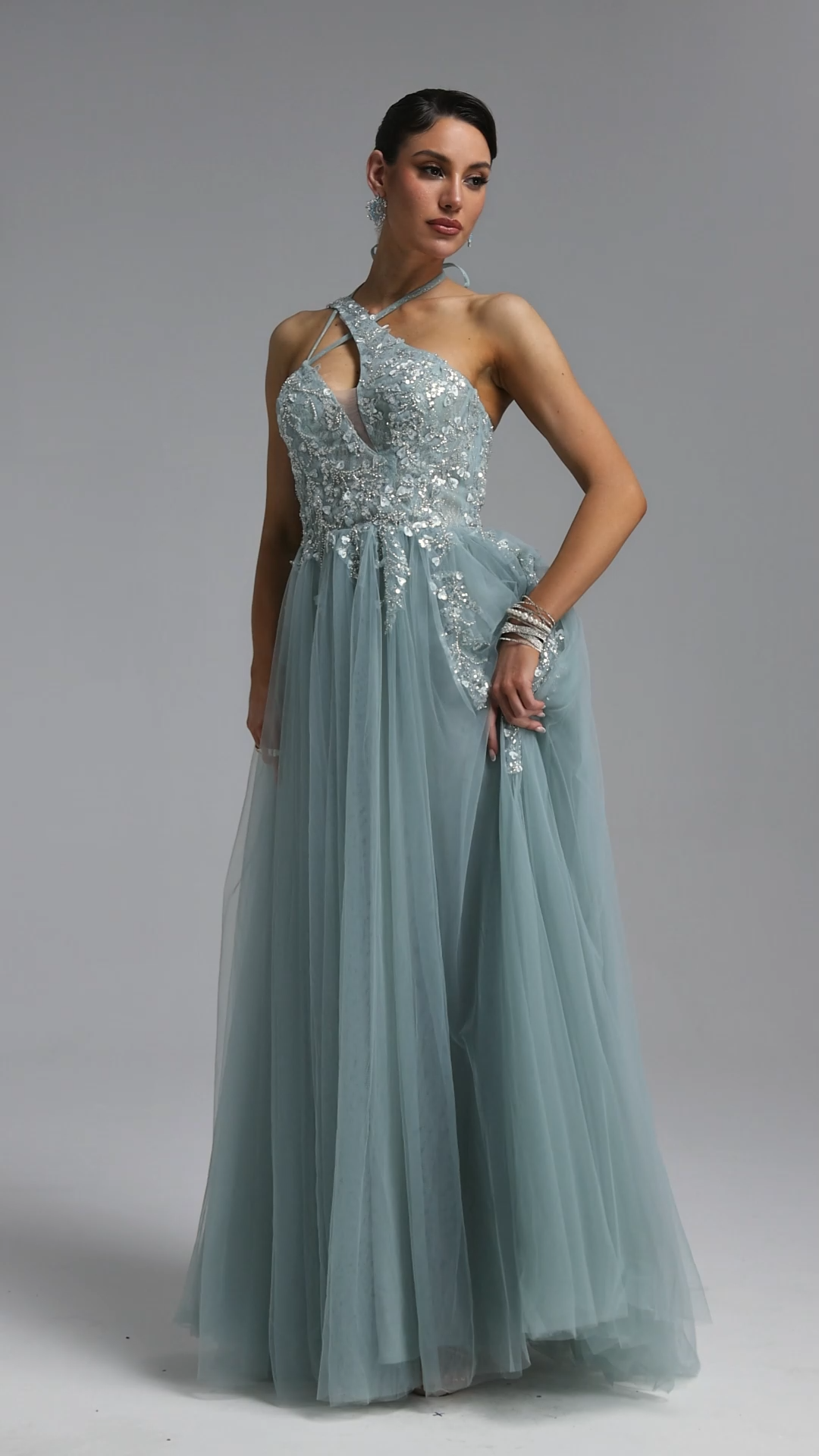 Elana Sexy Halter Cross Cut Out Floral Beaded Tulle Maxi Dress