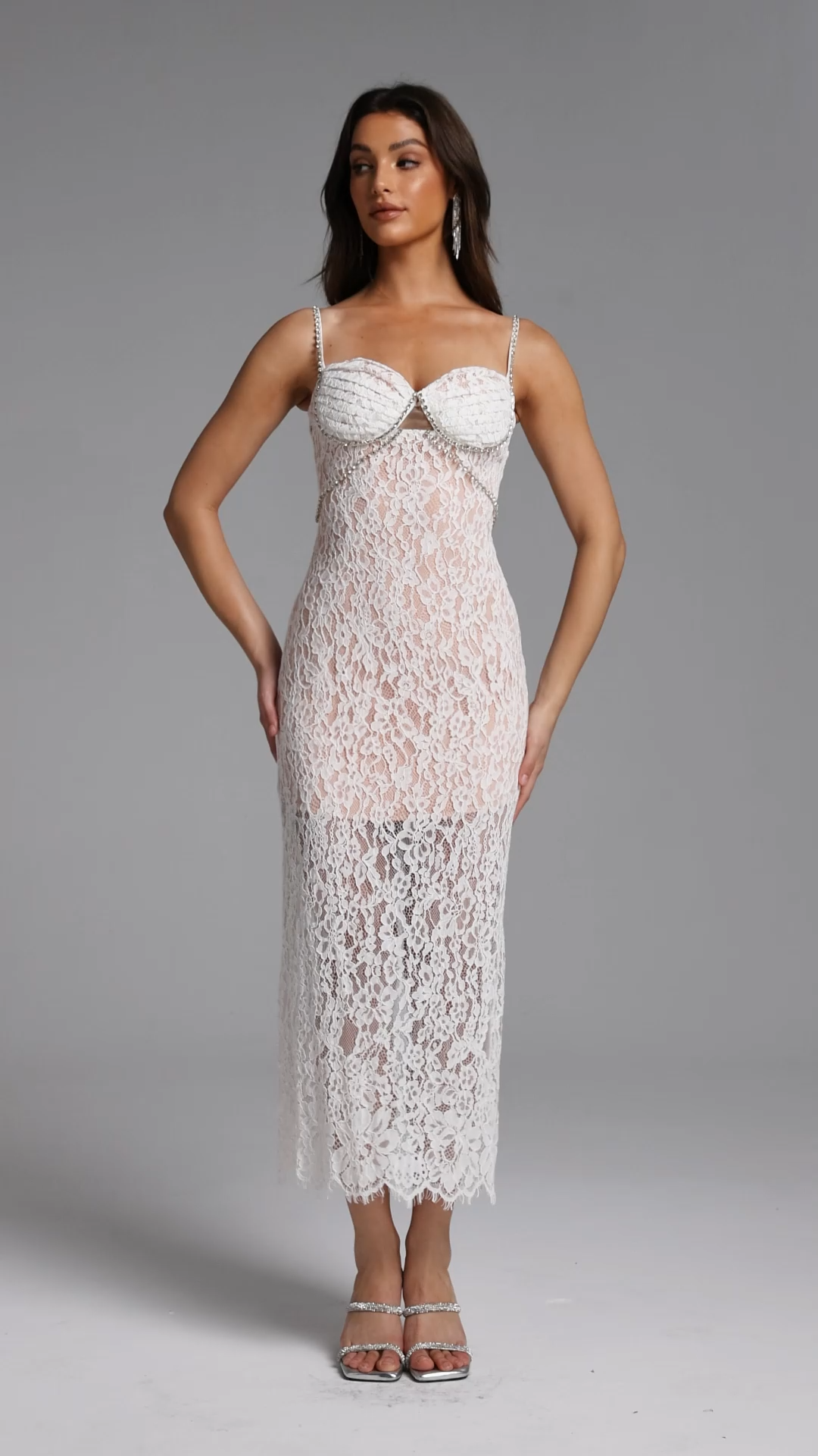 Dixi Romantic Contour Cut Out Rhinestone Lace White Maxi Dress