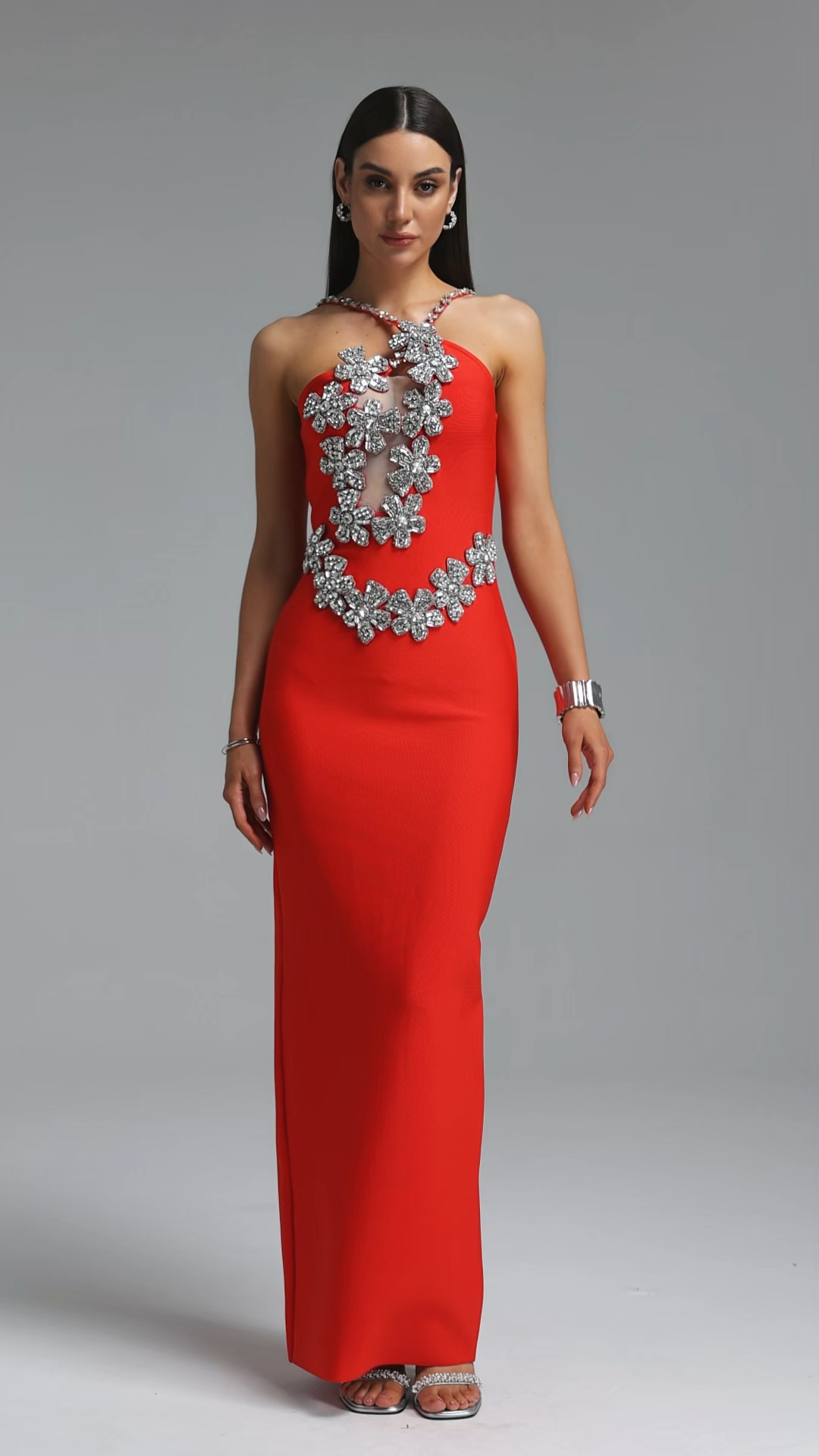 Veronic Glamorous Contour Halter Cut Out Rhinestone Floral Bandage Red Maxi Dress
