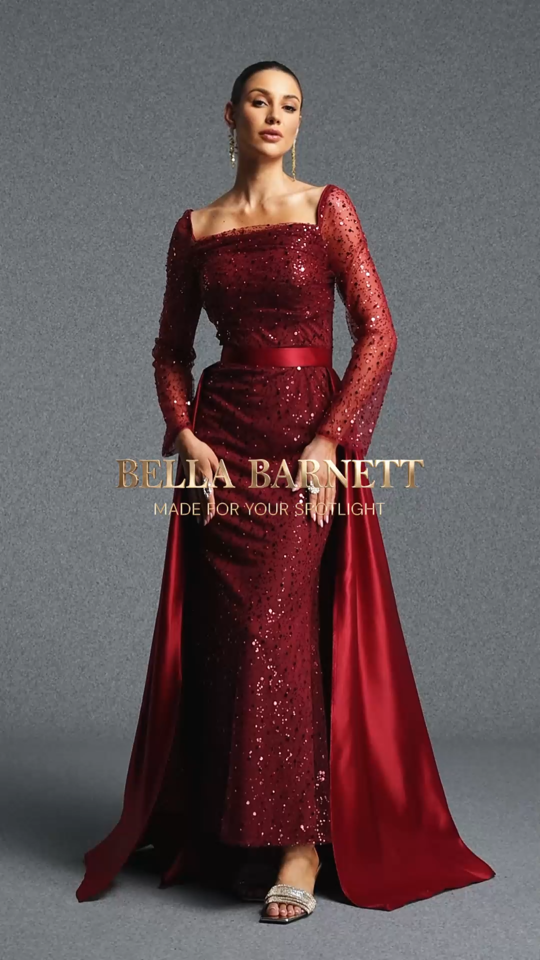 Taliyah Classic Square Neck Long Sleeve Sequin Detachable Cape Maxi Dress