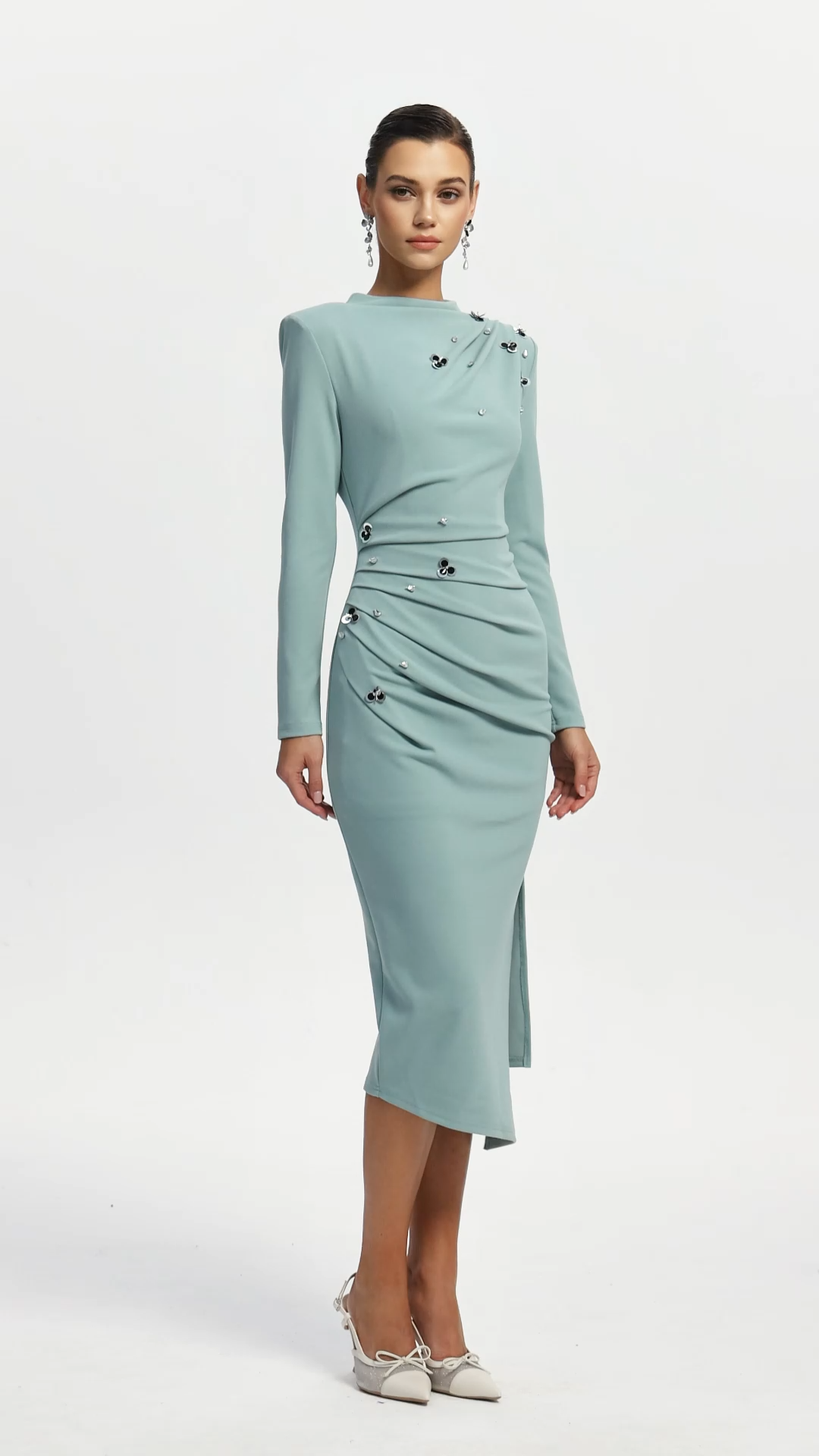 Nina Elegant Cinched Waist Long Sleeve Sequin Floral Pleated Knit Midi Dress