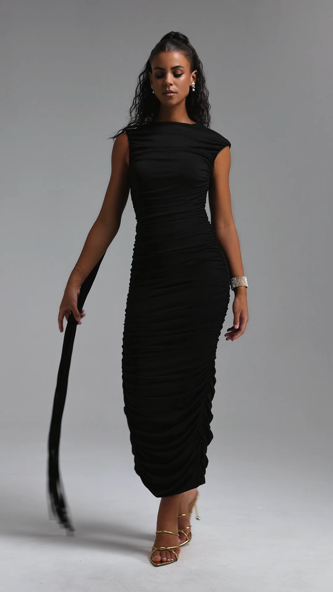 Kyler Sleeveless Ruched Sash Maxi Dress