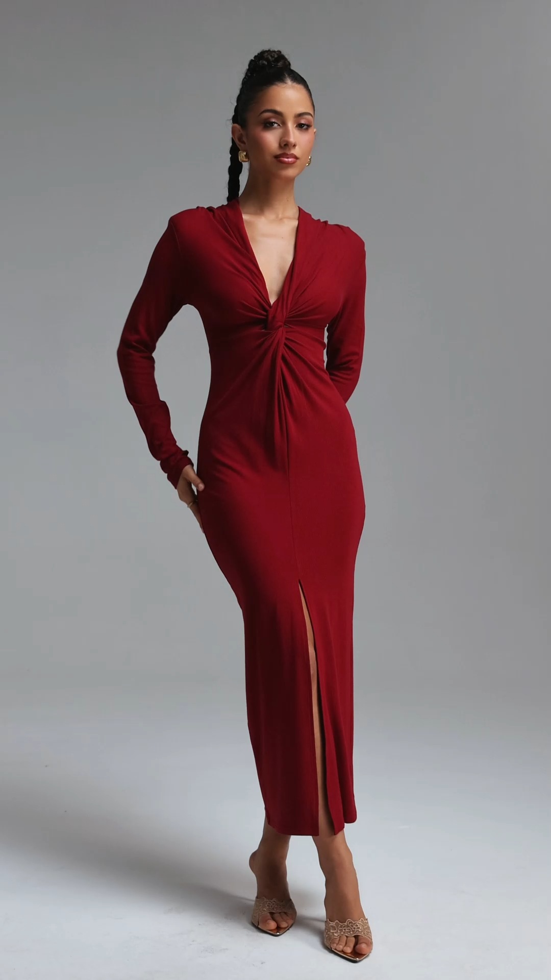 Geri Deep V‑neck Long Sleeve Front Twist Knot Slit Knit Maxi Dress