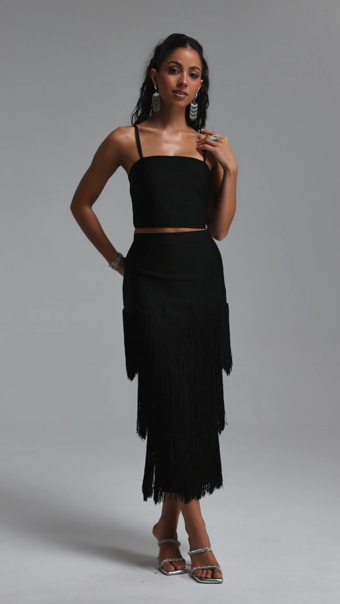Valerie Chic Contour Cami Strap Top Tassel Bandage Two Piece Set