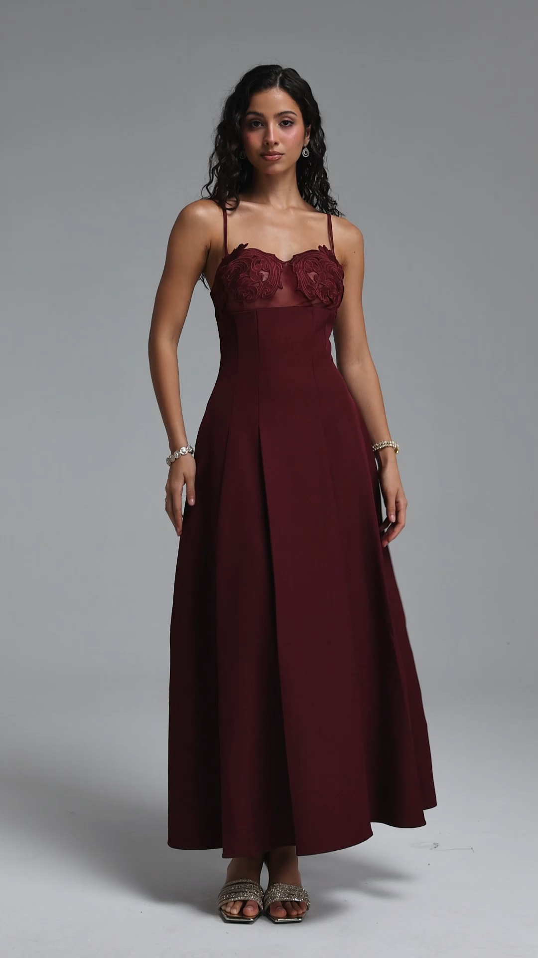 Yvan Elegant Cinched-Waist Spaghetti Strap Embroidered A-Line Maxi Dress
