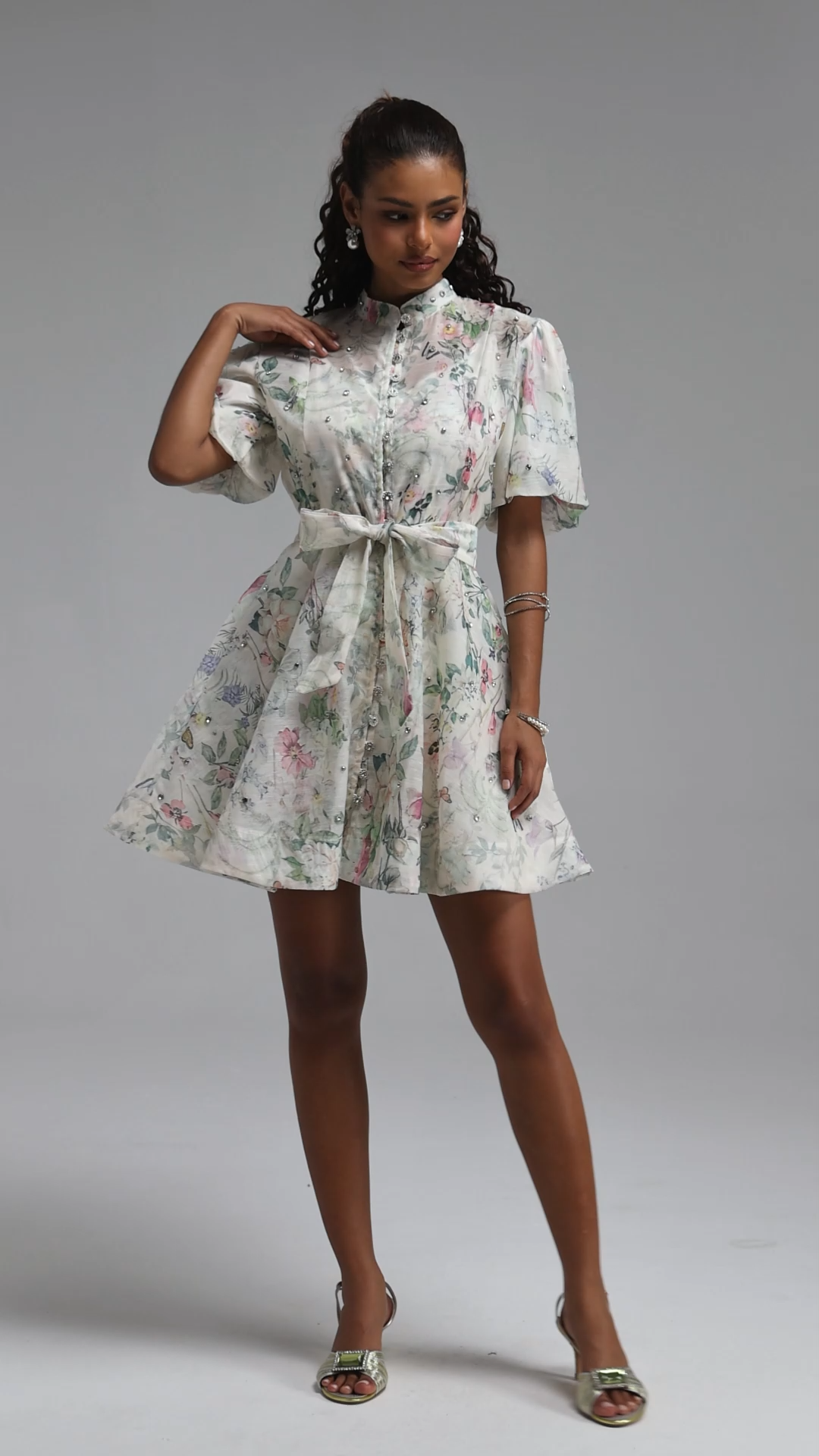 Elio Resort Flowy Puff Sleeve Rhinestone Floral Print Woven Mini Dress