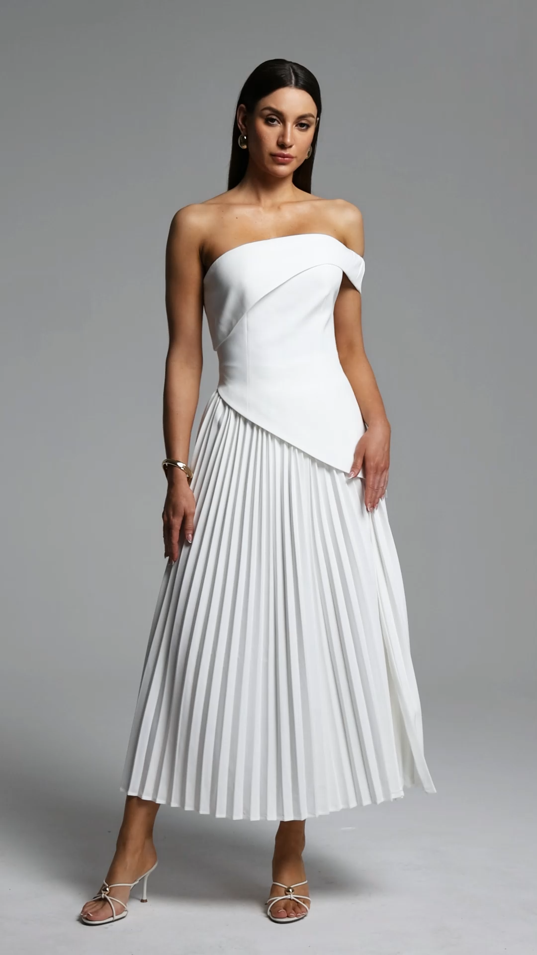 Vickee Elegant Tailored Off Shoulder Asymmetric Pleated Maxi Dress