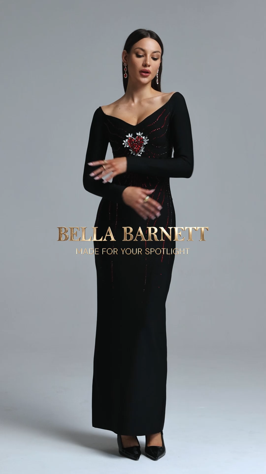 Zakana Glamorous Long Sleeve Heart Rhinestone Embellished Bandage Maxi Dress