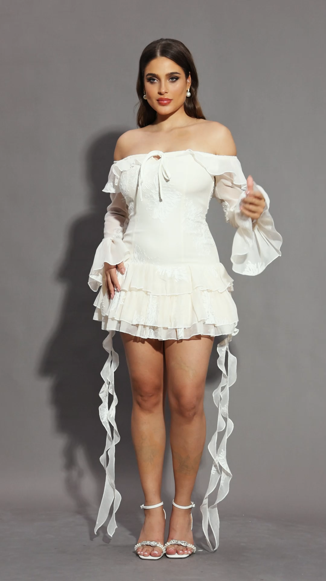 Wenie Off-the-Shoulder Long Sleeve Flounce Mini Dress