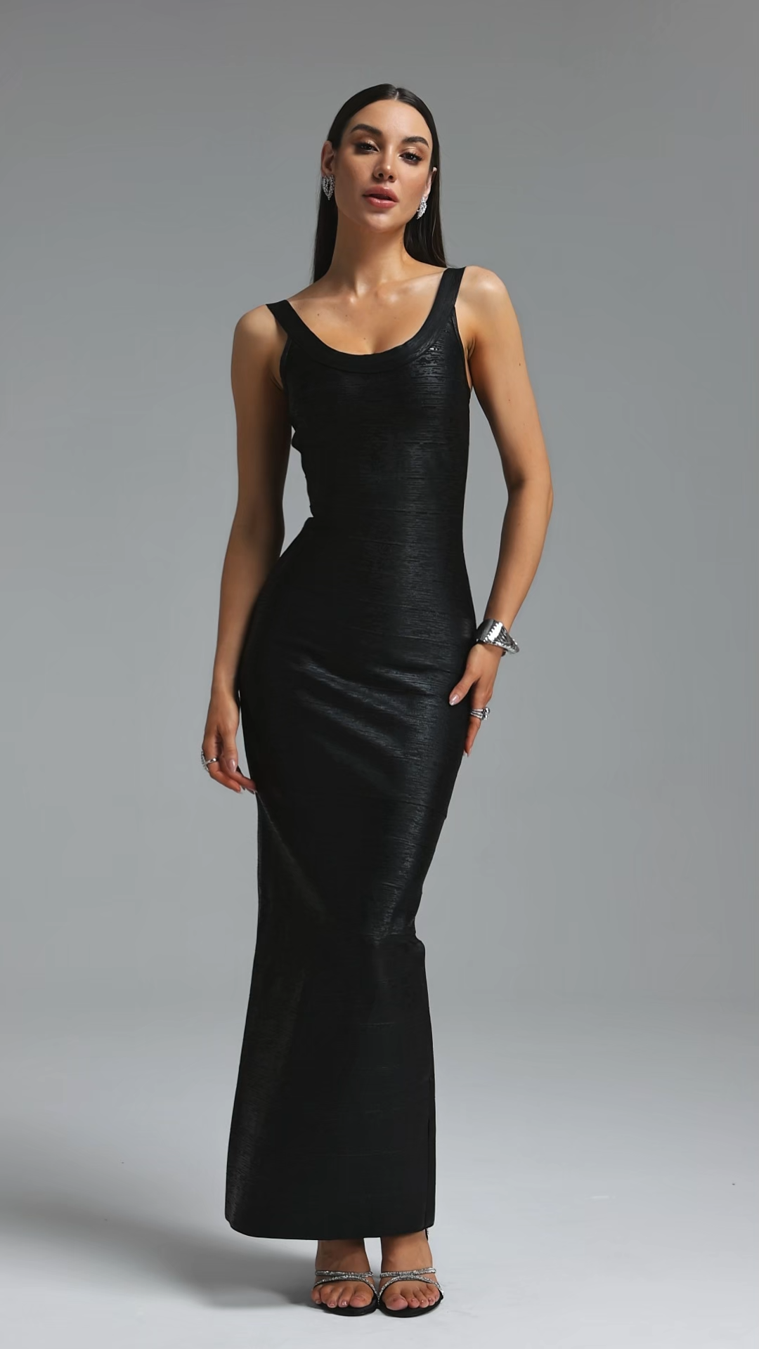 Jesse Minimal Contour Wide Strap U Neck Metallic Stripe Bandage Midi Dress