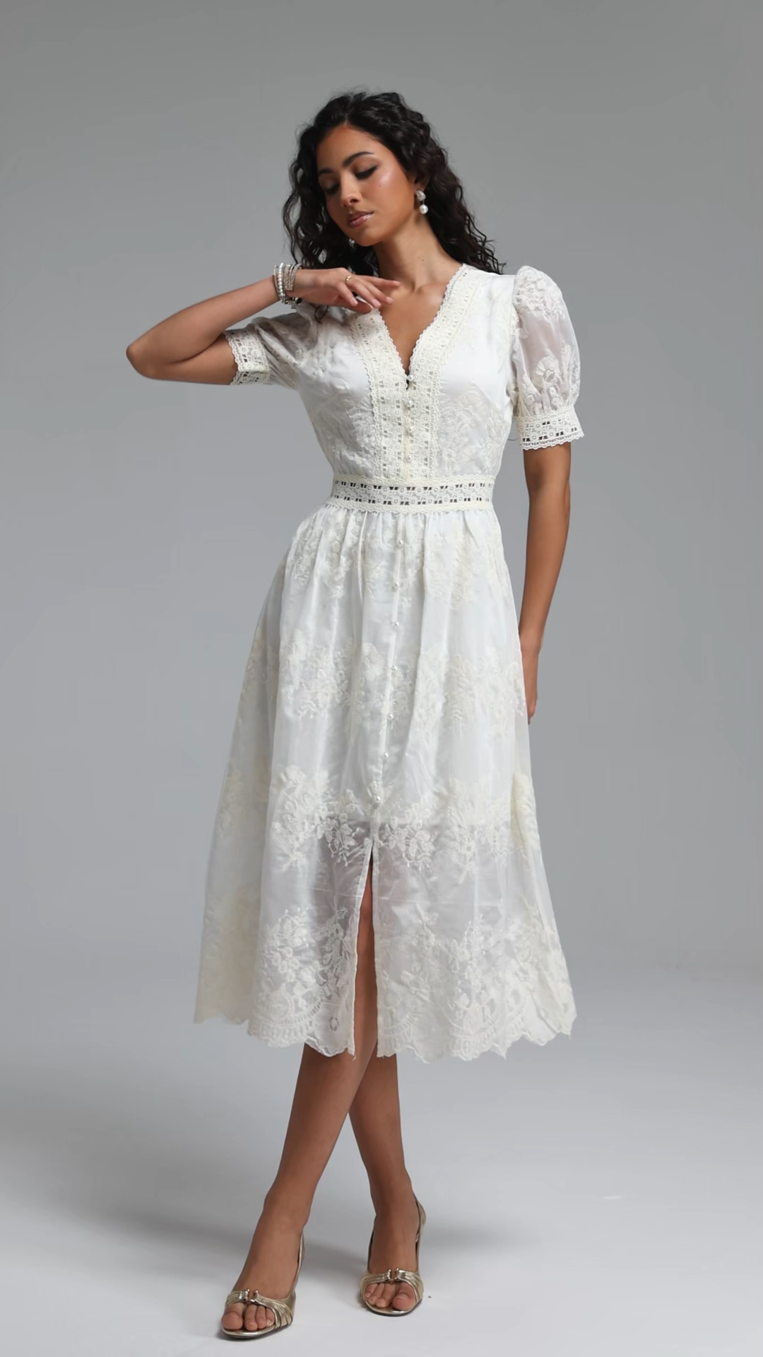 Ganera Resort Flowy V Neck Short Sleeve Floral Woven Midi Dress