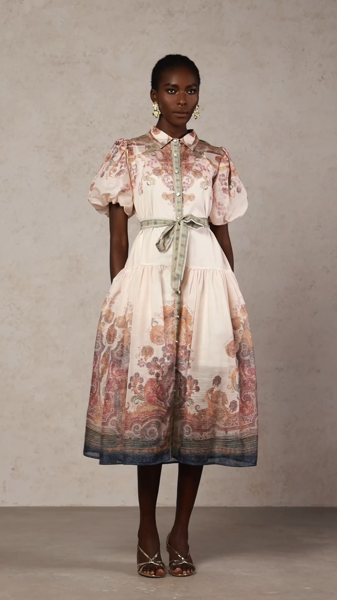 Tusare Lapel Floral Printed Midi Dress