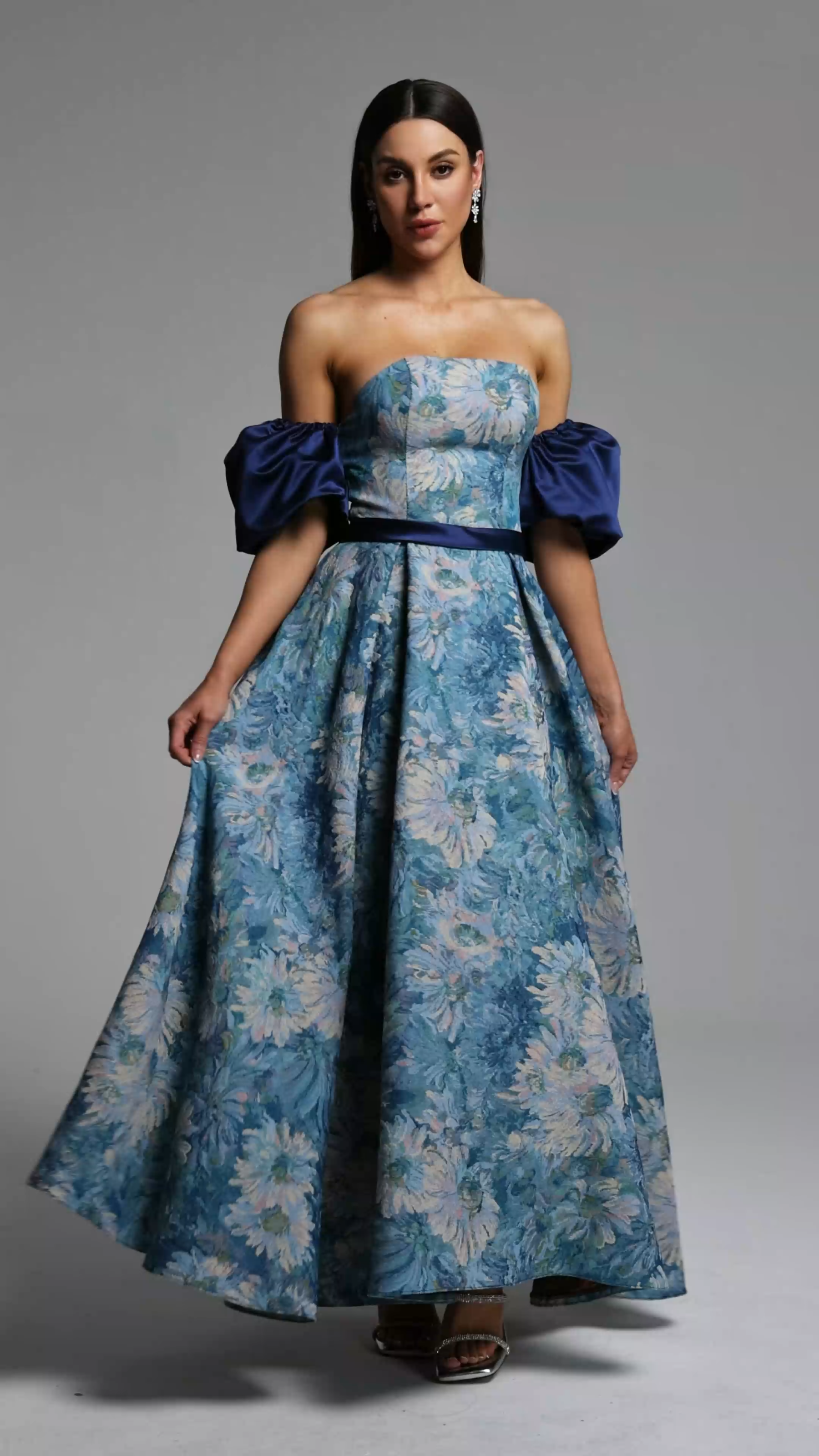 Rikiny Elegant Tailored Puff Sleeve Floral Print Maxi Dress