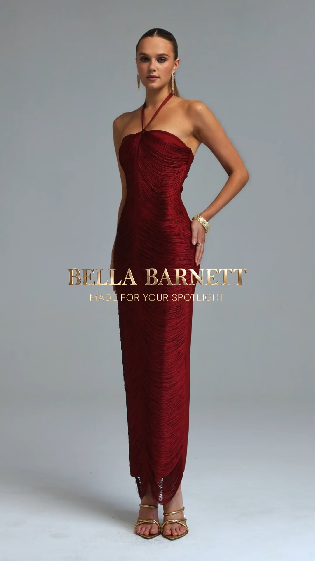 Jozie Classic Contour Halter Fringe Claret Maxi Dress