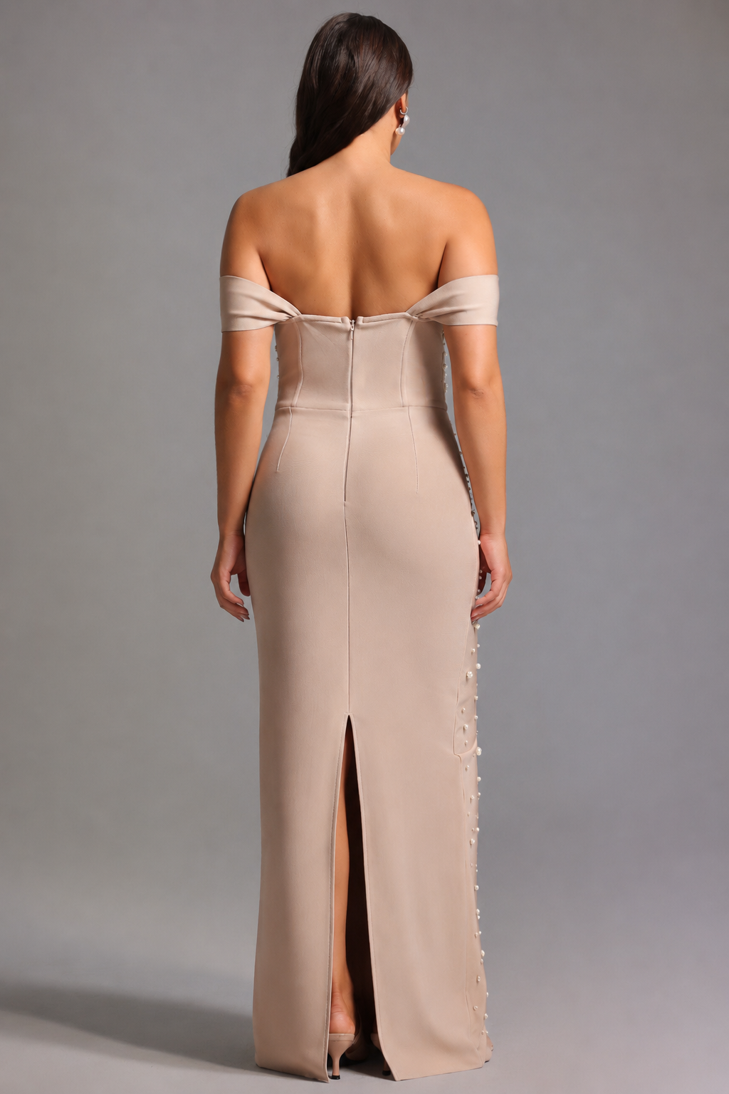 Jaylee Glamorous Off Shoulder Pearl Rhinestone Bandage Maxi Dress