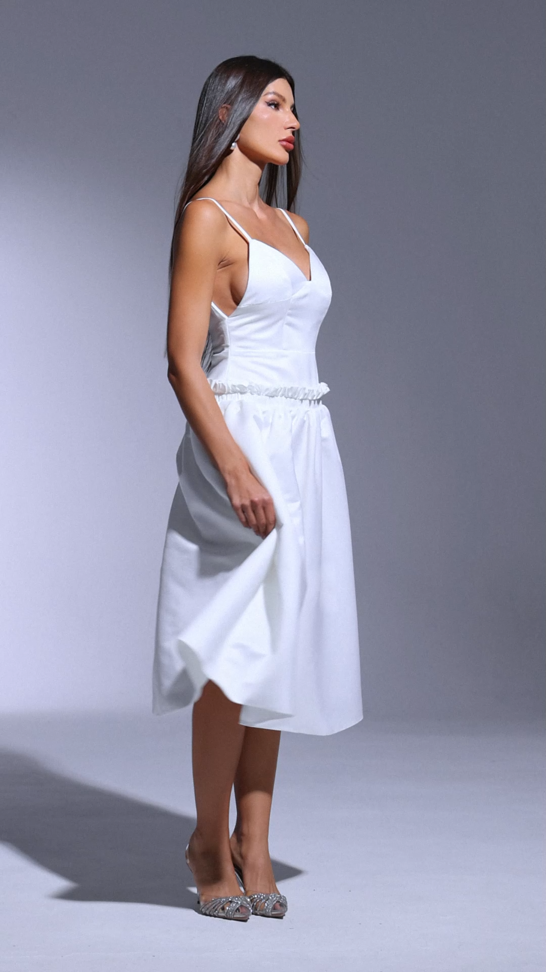 Tutti Deep-V Fold Falbala Midi Dress