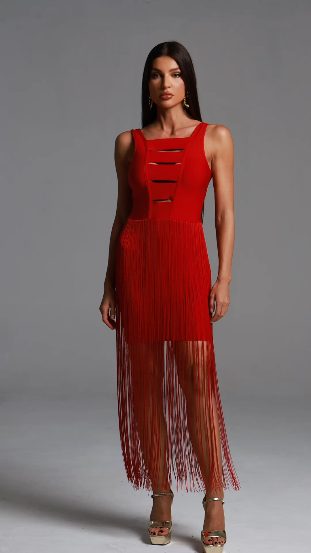 Dodou Sleeveless Hollow Out Tassels Bandage Midi Dress