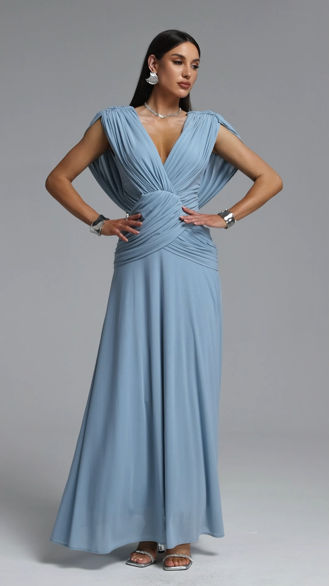 Monroe Elegant Contour V Neck Ruched Maxi Dress