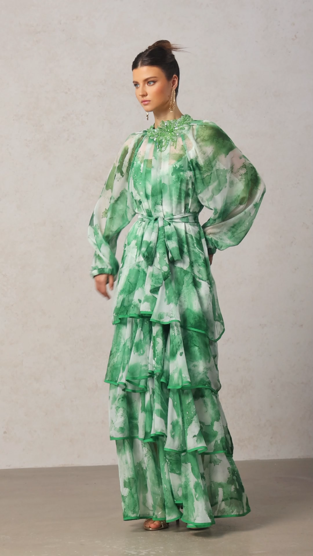Jolie Round Neck Long Sleeves Floral Printed Folds Green Maxi Dress