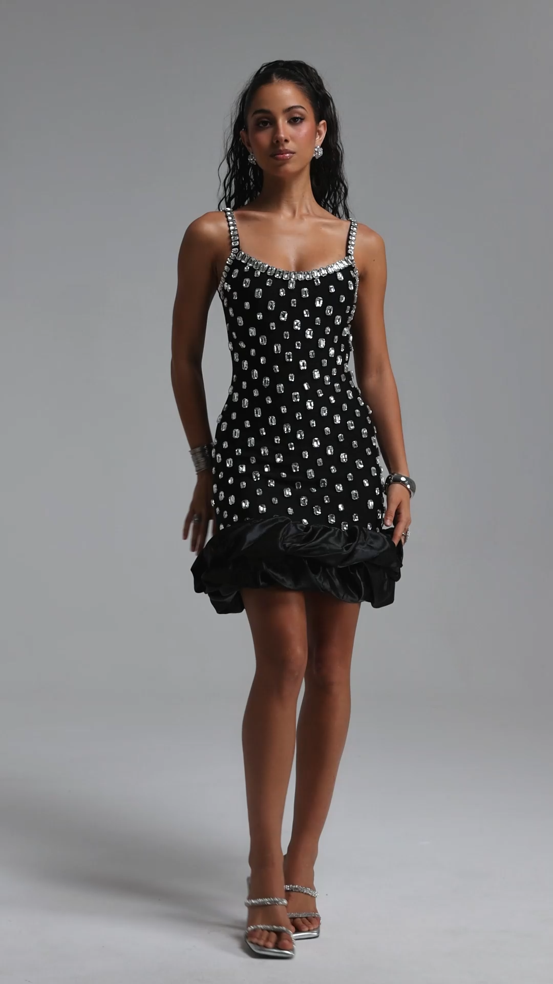 Francina Exquisite Contour Cami Strap Rhinestone Ruffle Black Bandage Mini Dress