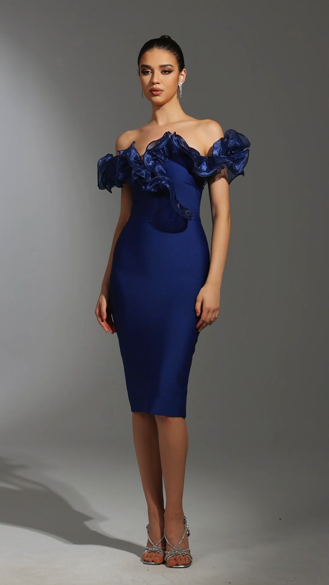 Leanna Off The Shoulder Flounce Bandage Blue Midi Dress