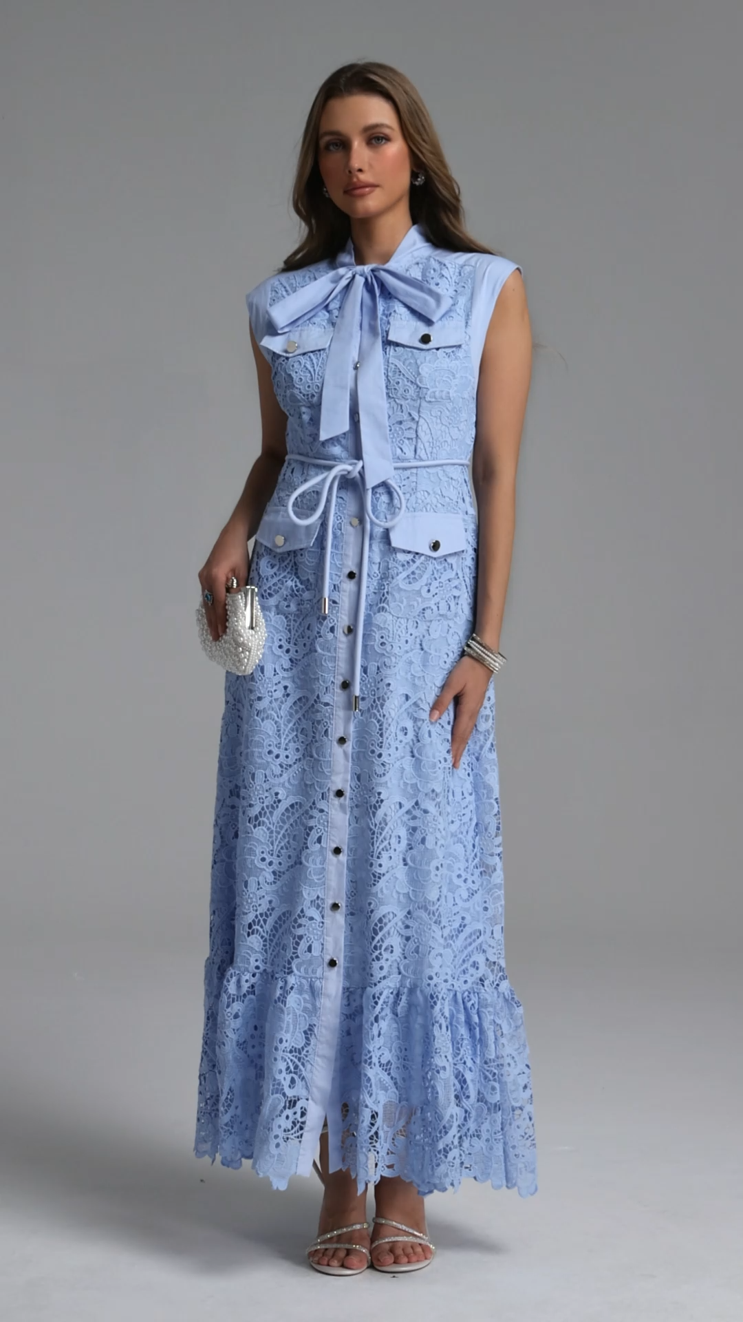 Ruthie Classic Tailored Sleeveless Bow Lace Maxi Dress