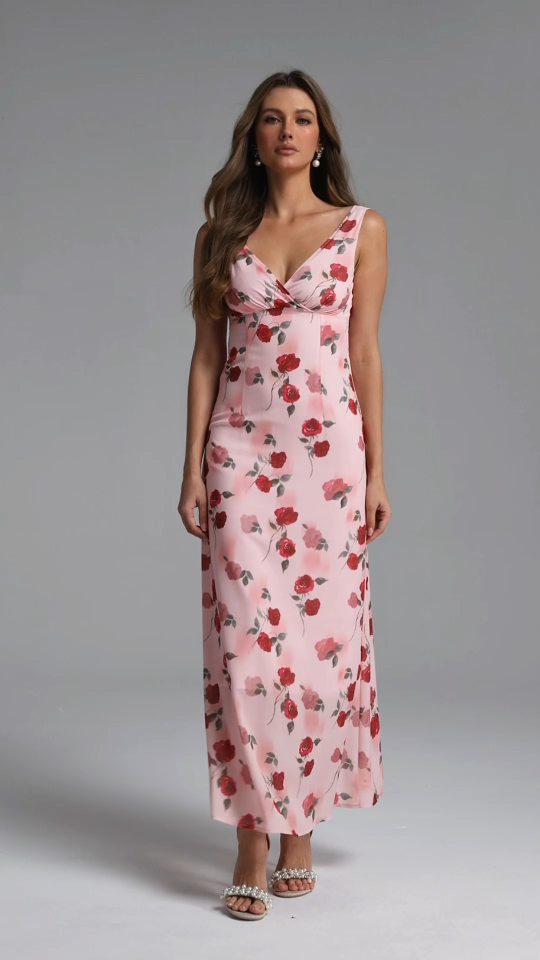 Niaca Elegant Cinched V Neck Floral Print Woven Maxi Dress