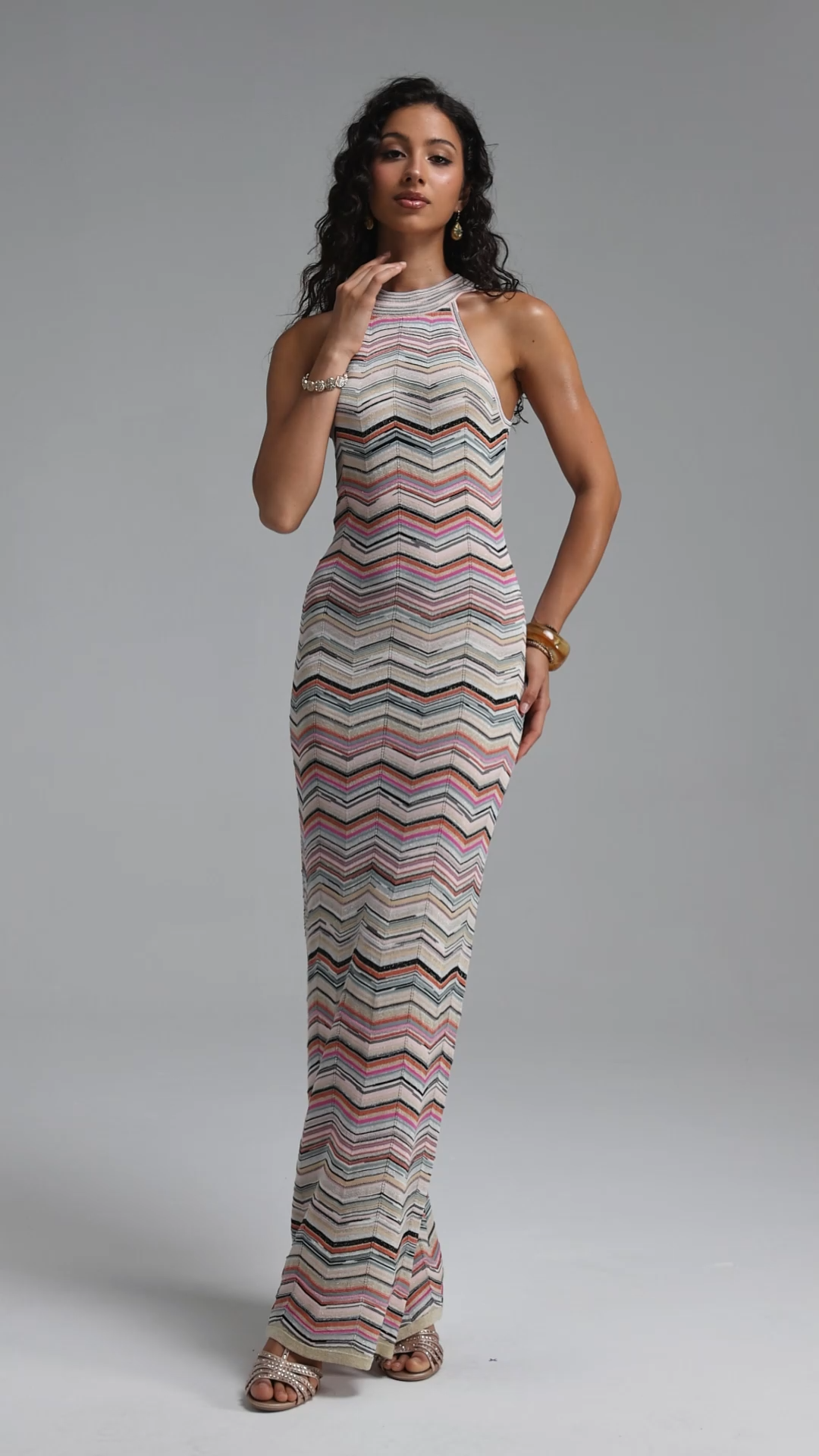 Tiza Chic Contour Sleeveless Striped Knit Maxi Dress