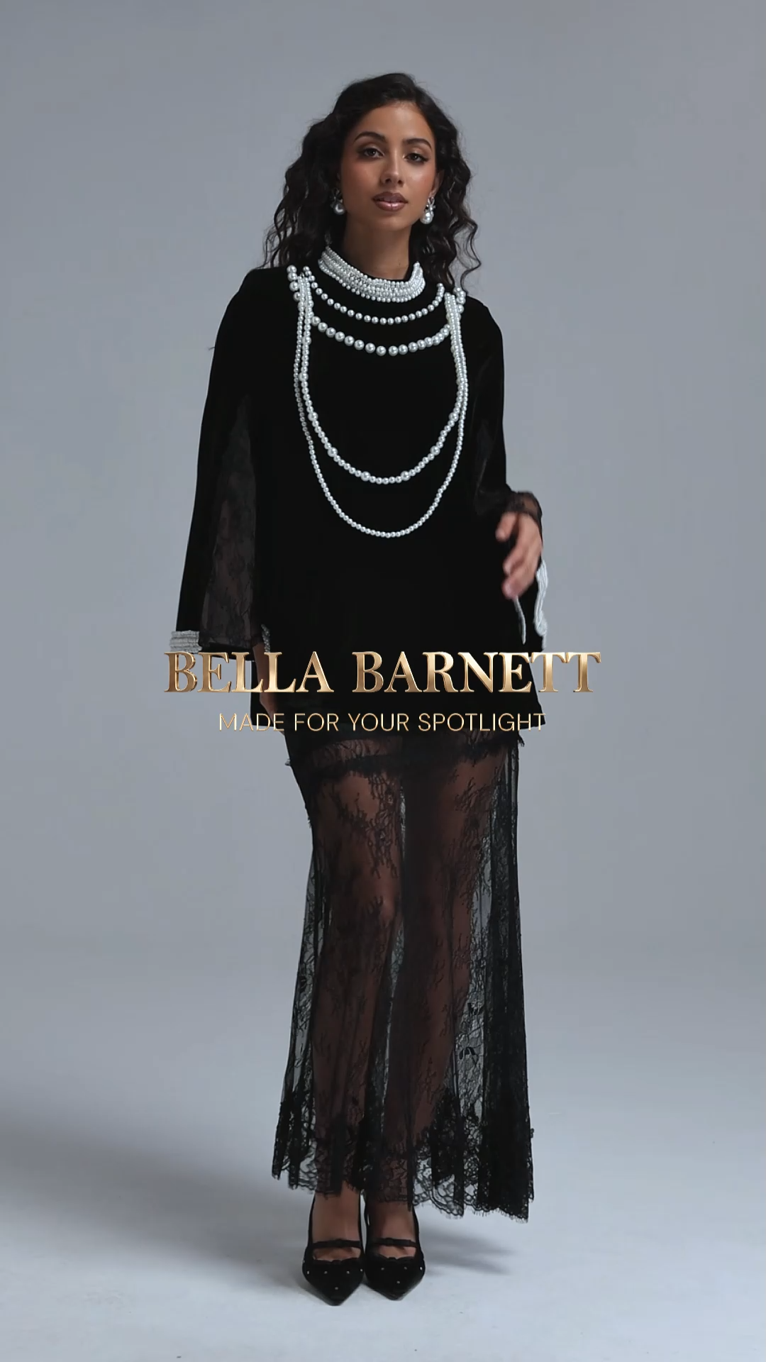 Lilya Vintage Tailored Long Sleeve Pearl Chain Lace Trimmed Longline Top