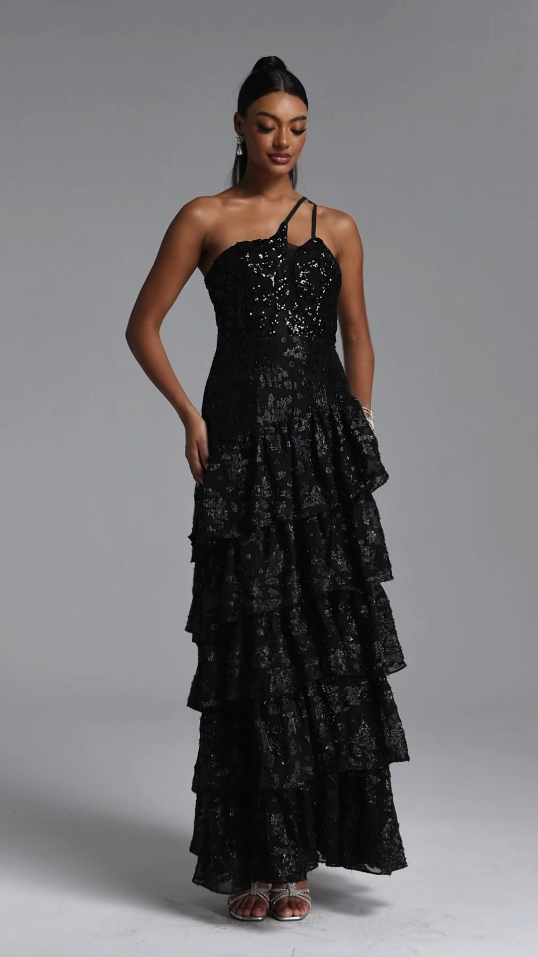 Shaney Elegant Contour One Shoulder Tiered Ruffle Lace Maxi Dress