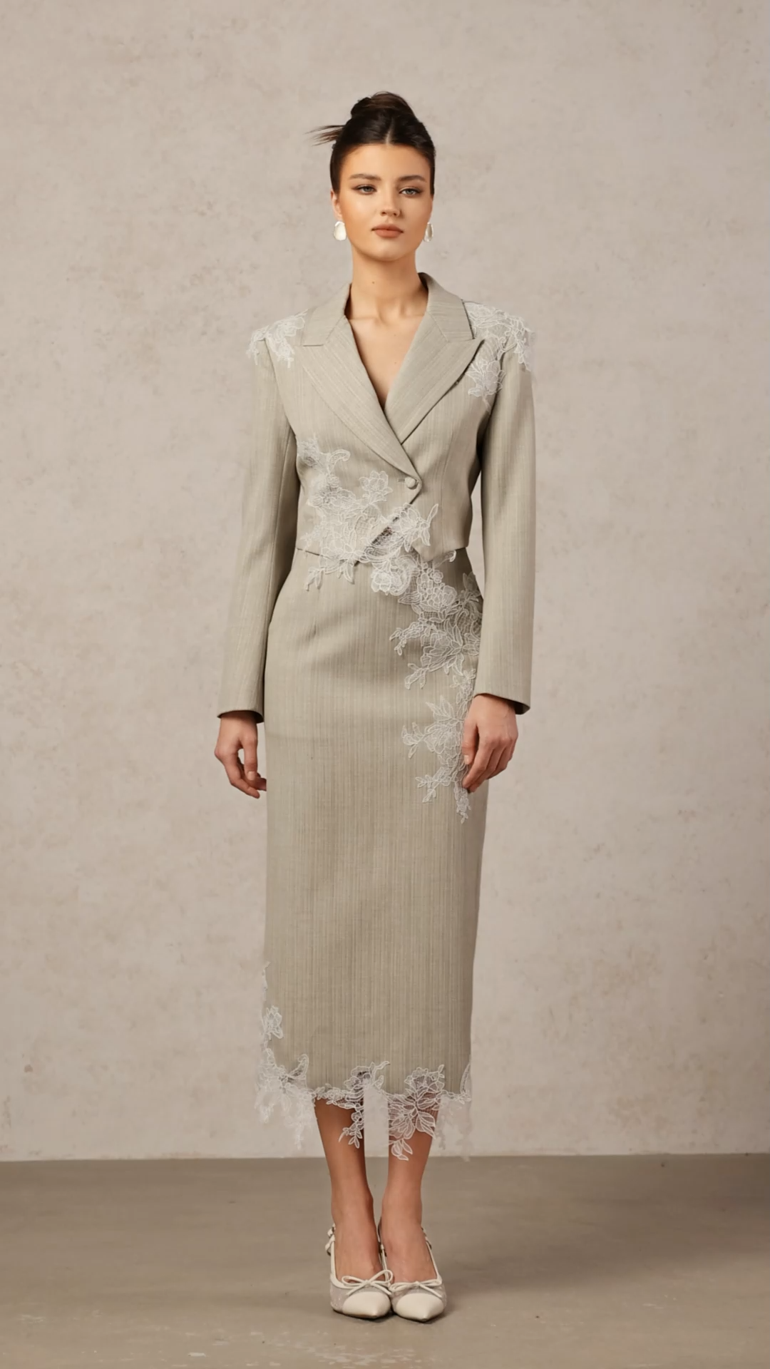 Yvan Elegant Tailored Long Sleeve Lace Woven Top And Skirt Two-Piece Set