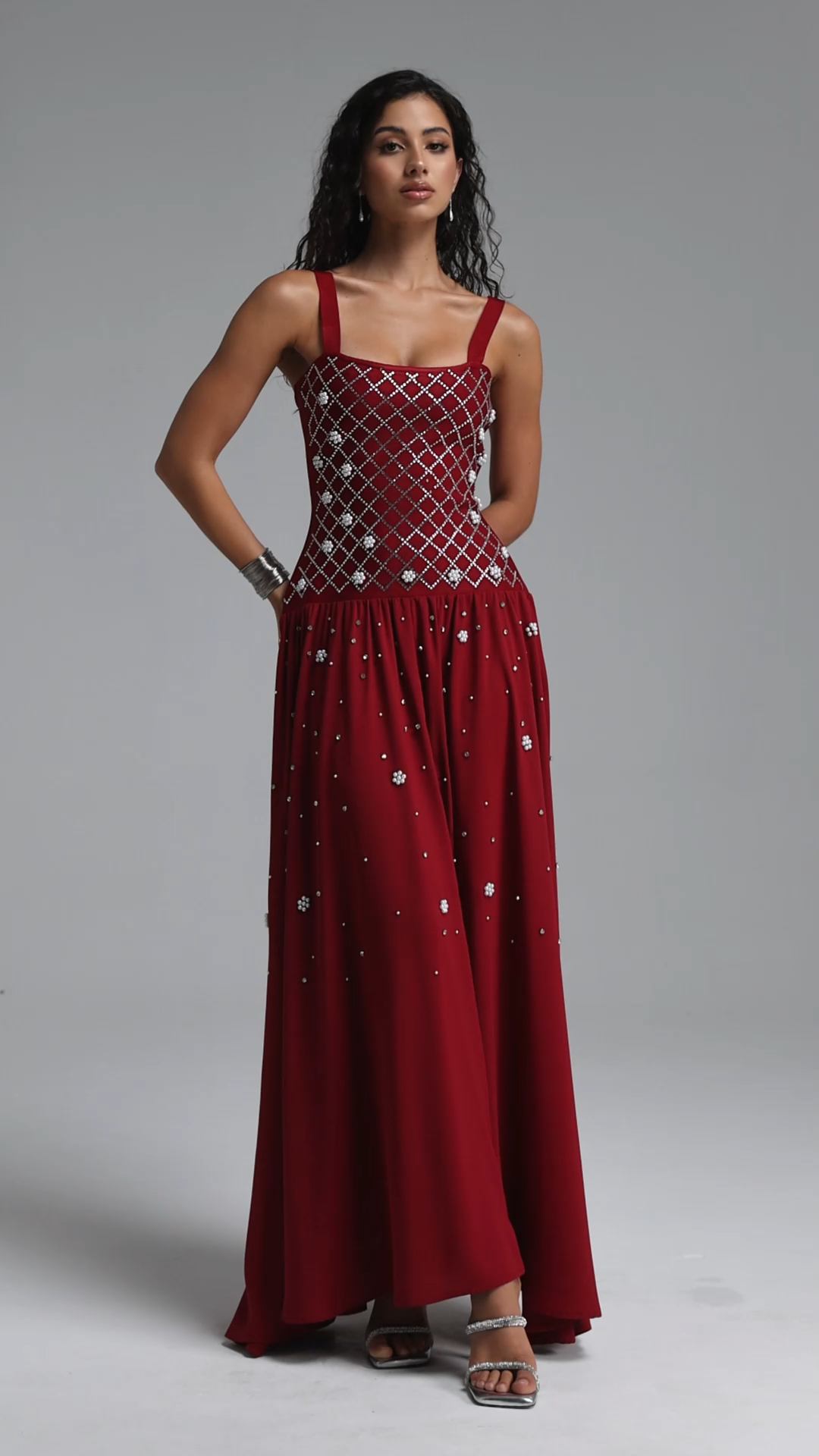 Mirae Luxury Grid Rhinestone Bandage Maxi Dress