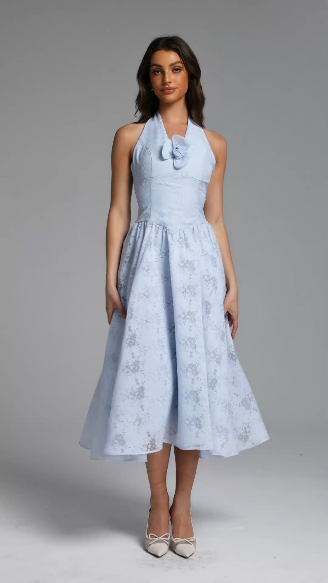Delaney Romantic Tailored Halter Floral Jacquard Blue Maxi Dress