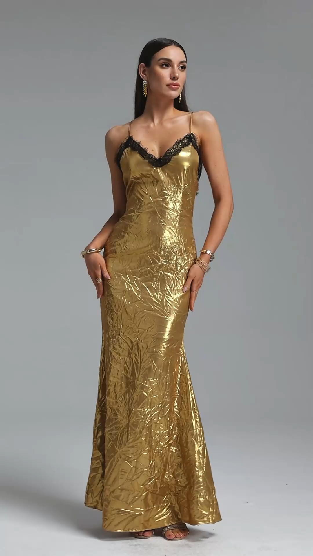 Gini Luxurious Contour Spaghetti Strap Lace V Neck Crinkled Maxi Dress
