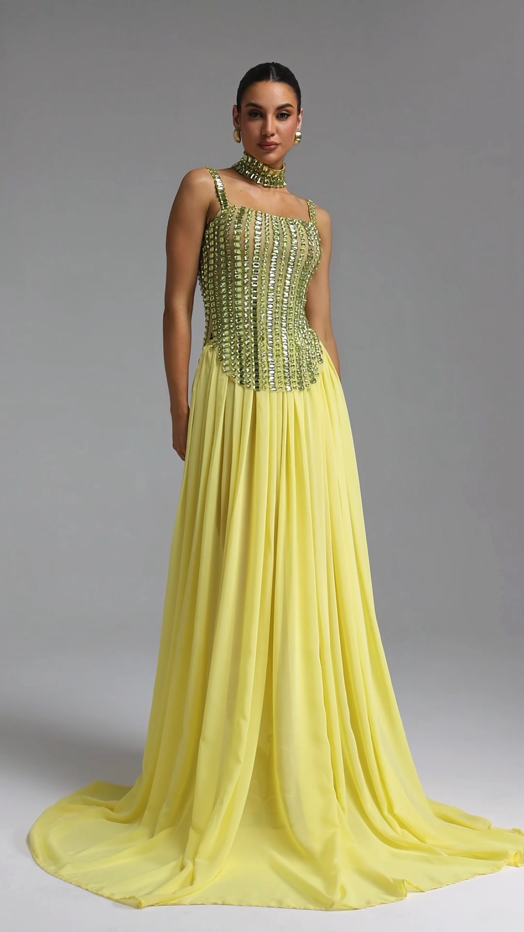 Sareza Elegant Waist-Cinching Square Neck Thin Strap Choker Rhinestone Fitted Flowy Chiffon Train Maxi Evening Dress
