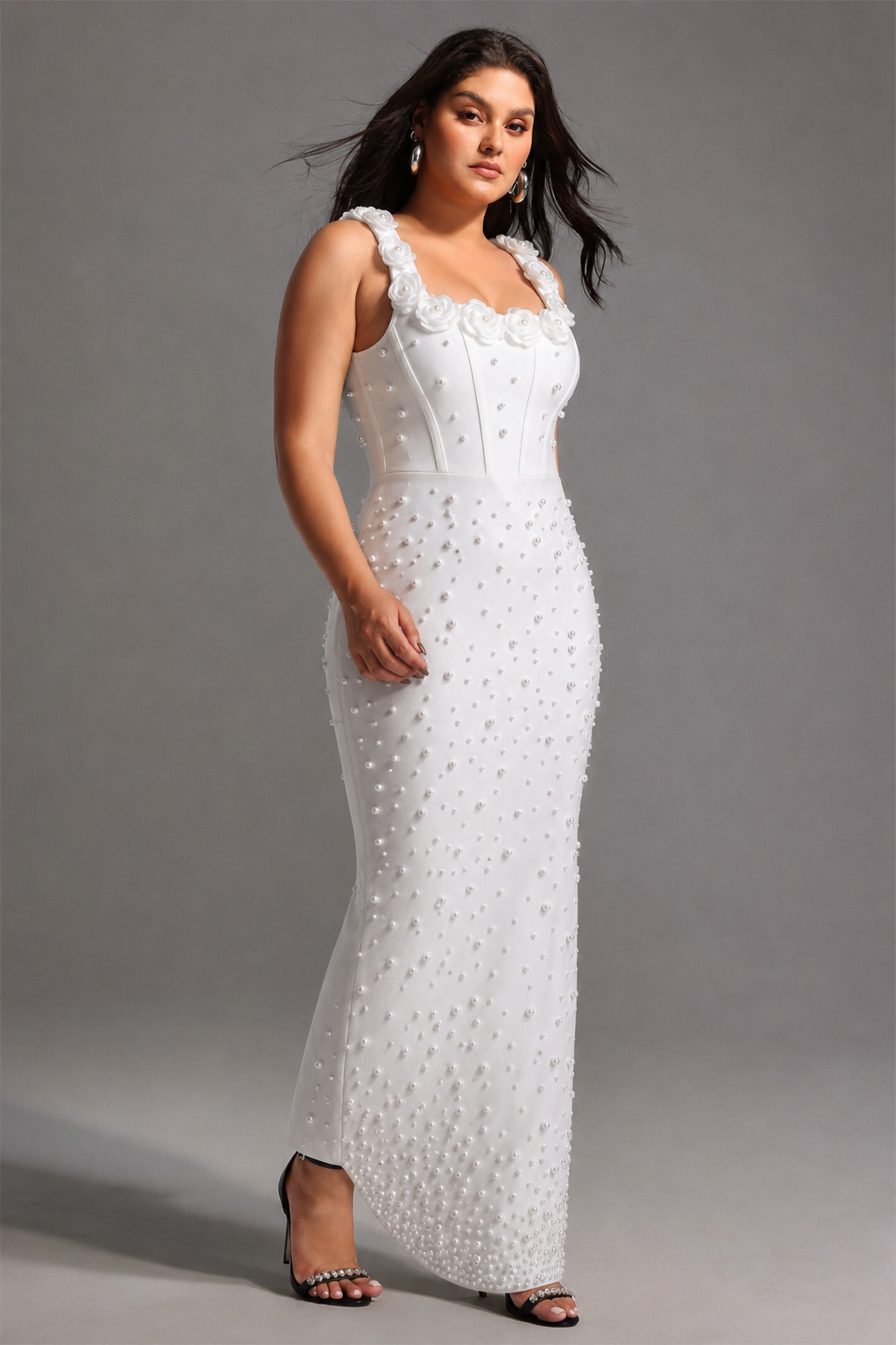 Shea Elegant Contour Square Neck Floral Pearl Bandage Maxi Dress