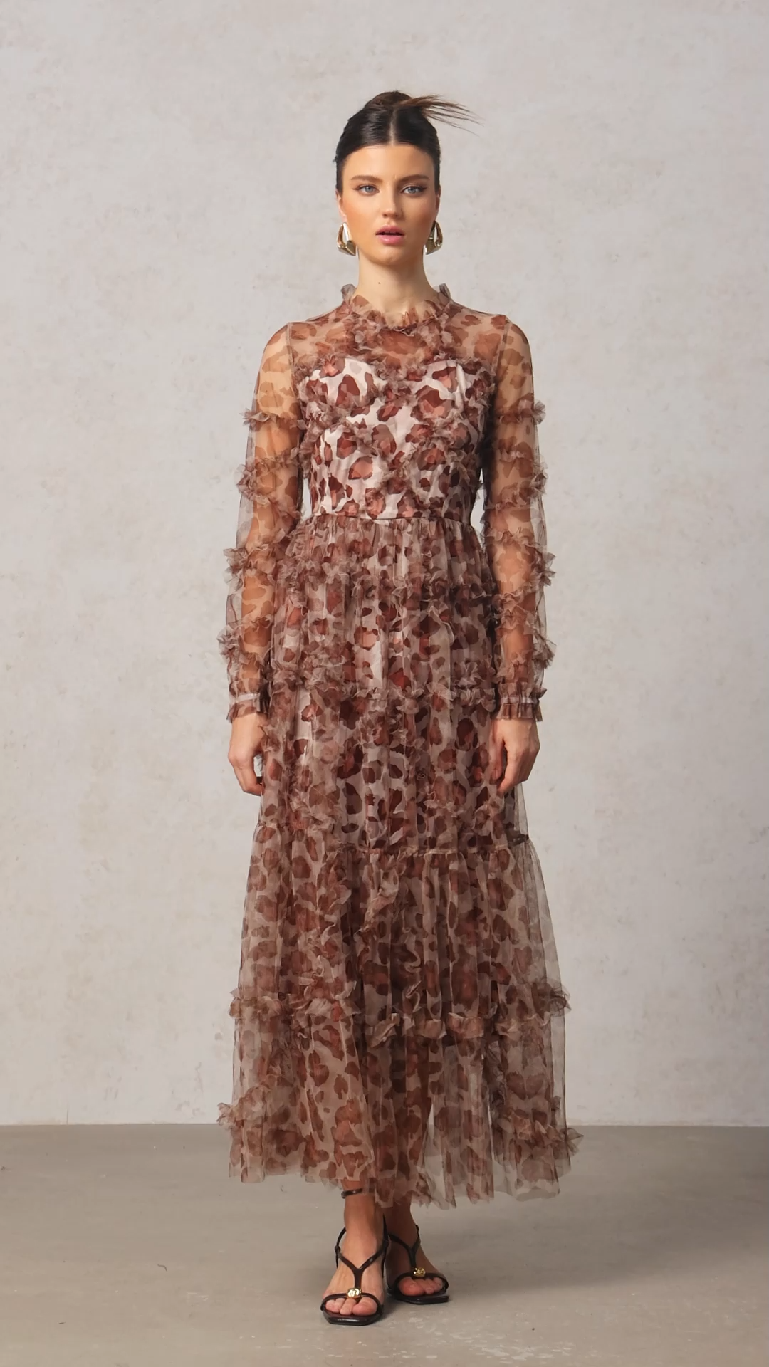 Paul Long Sleeves Leopard Print Folds Maxi Dress